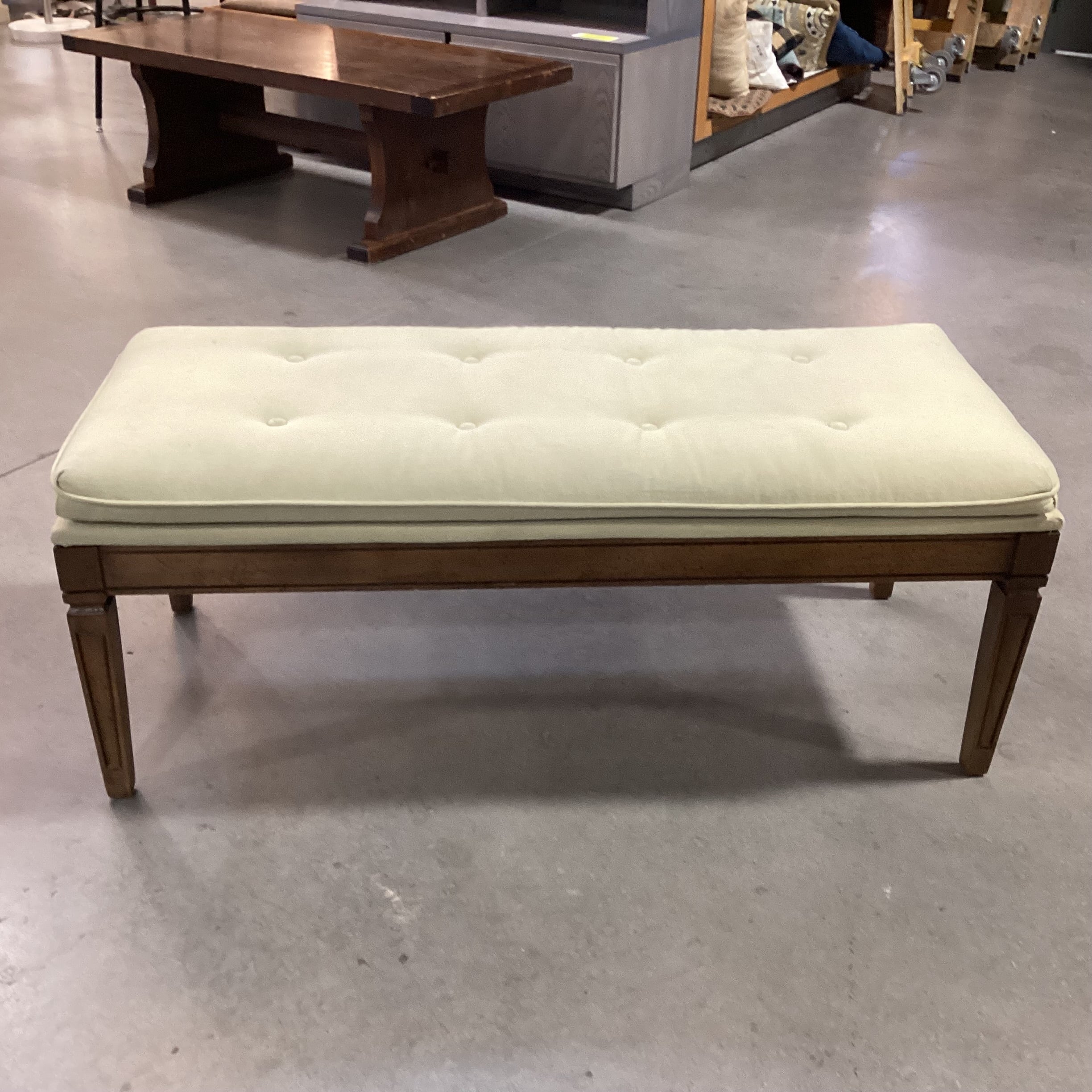 Vintage Carved Wood & Reed Green Button Tufted Bench 44"x 19"x 17"