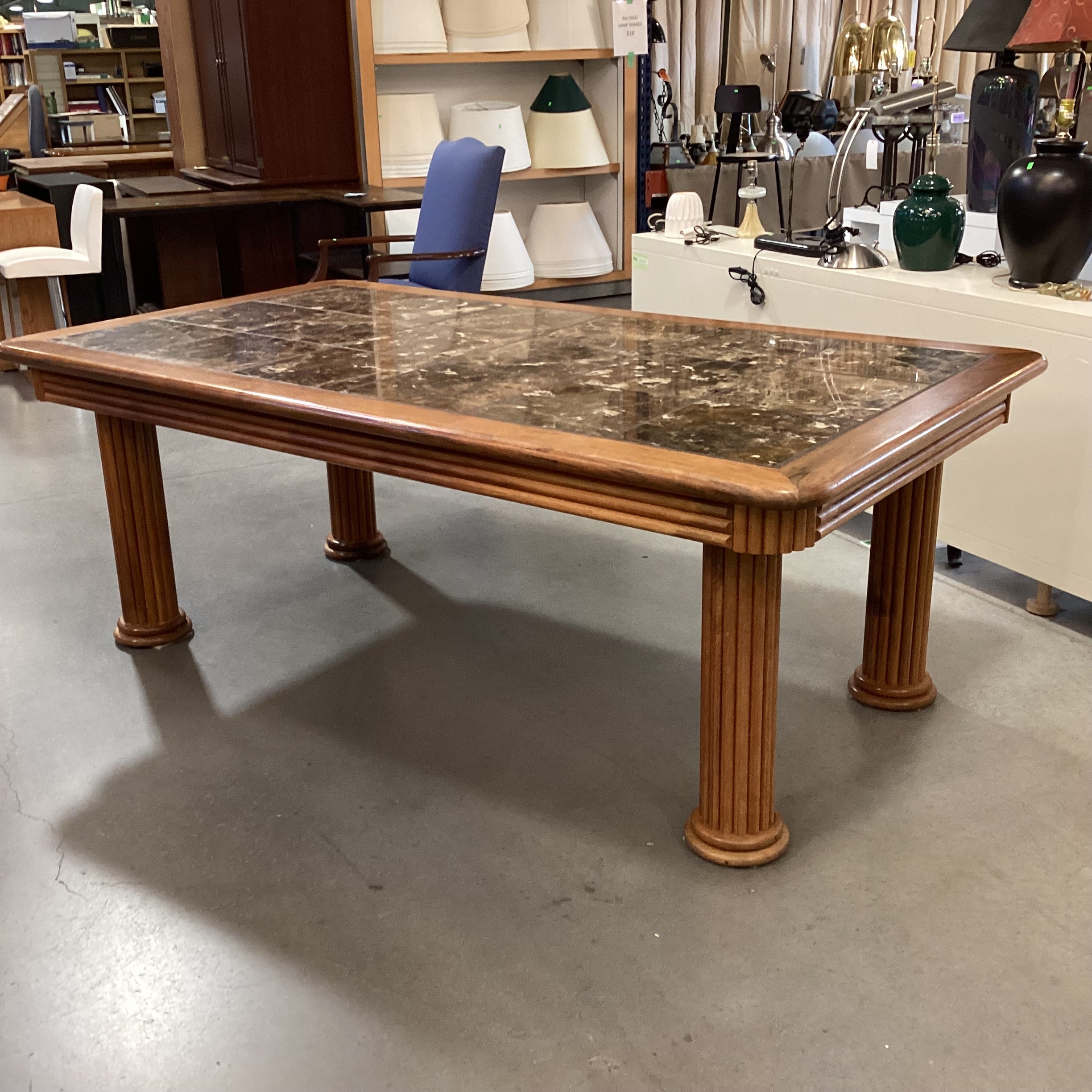 Oak with Ribbed Detail Column Legs & Stone Tile Inset Dining Table 82"x 45"x 30"