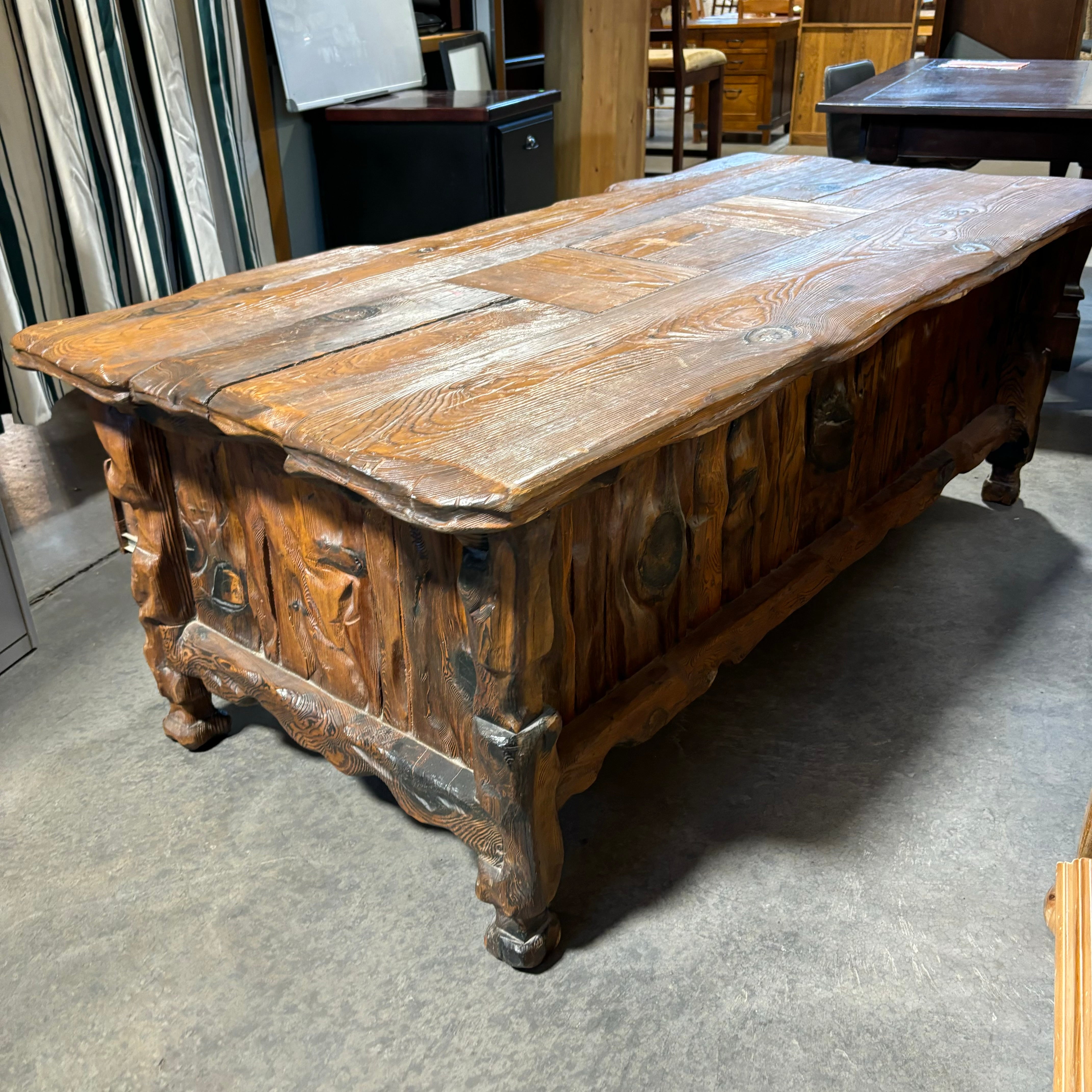 Natural Log Style with Carved Detail 5 Drawer Desk 78"x 35"x 27"