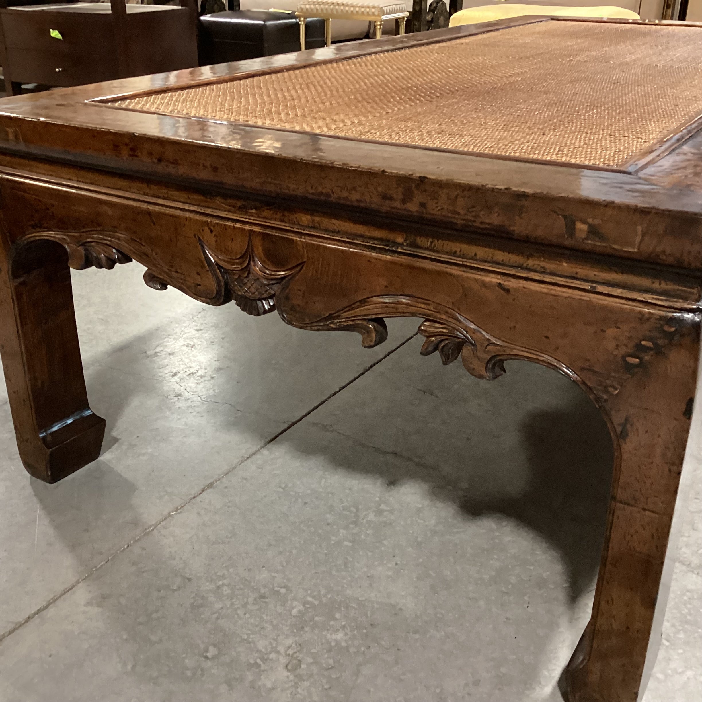 Asian Inspired Carved Distressed Wood & Rattan Raffia Woven Inset Coffee Table 72"x 35"x 21"