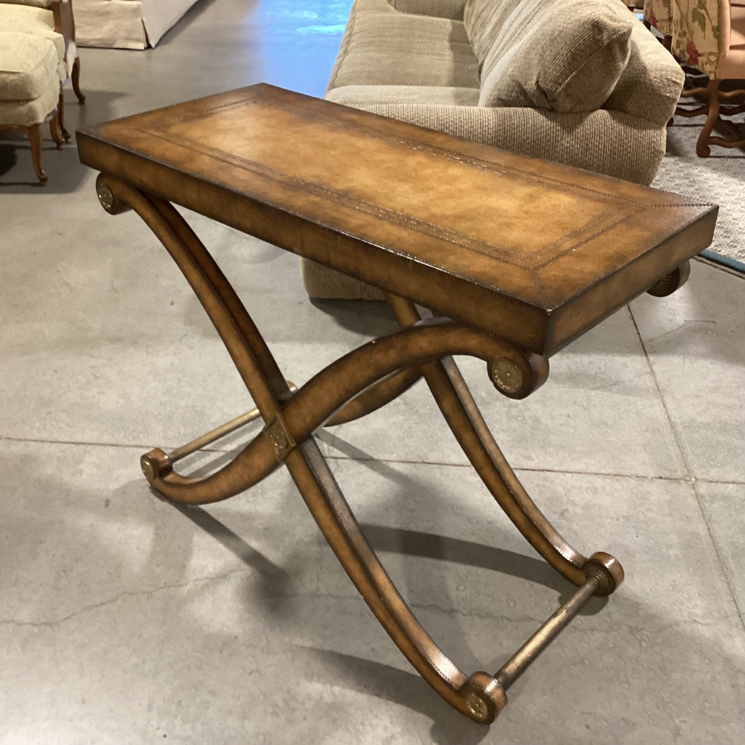 Kreiss Neoclassical Leather with Stitched Accent & X Base Antiqued Brass Stretches Console Sofa Table 40"x 18"x 32.5"
