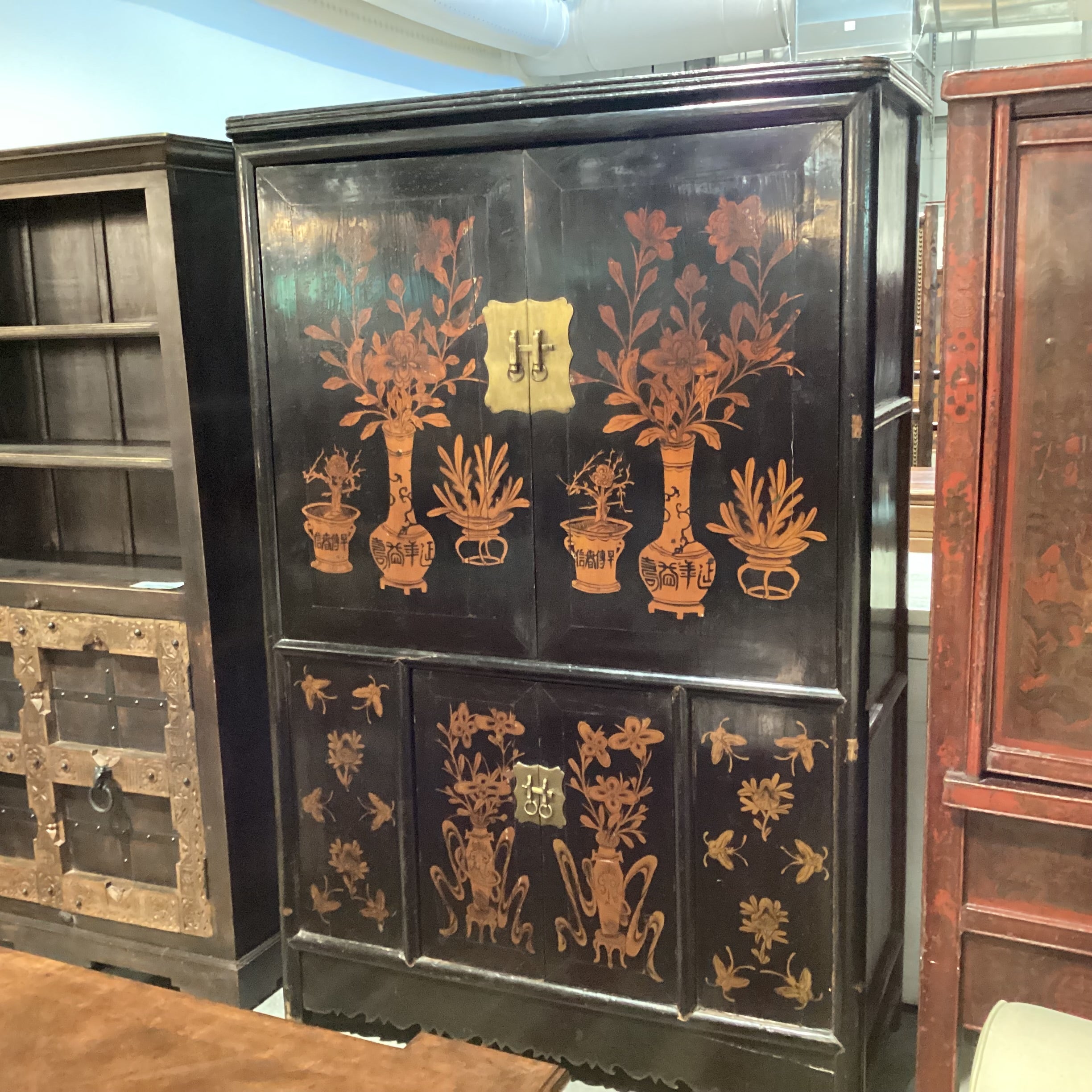 Vintage Antique Asian Black Lacquer & Gold Painted Vase Florals 4 Door with Shelves Armoire 52"x 23"x 79"