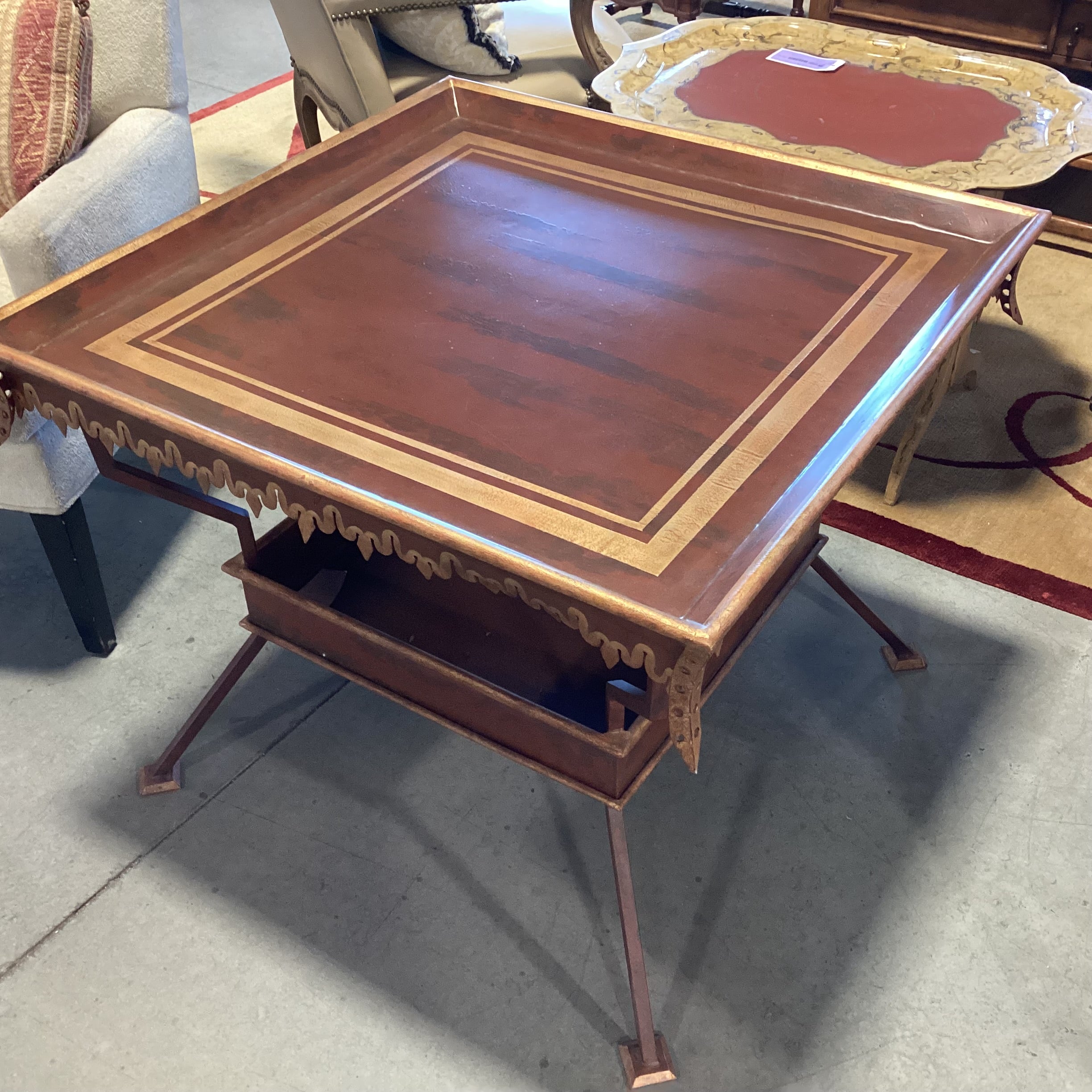 Rust Red & Gold Ornate Metal Accent Table 33.5"x 33.5"x 27"