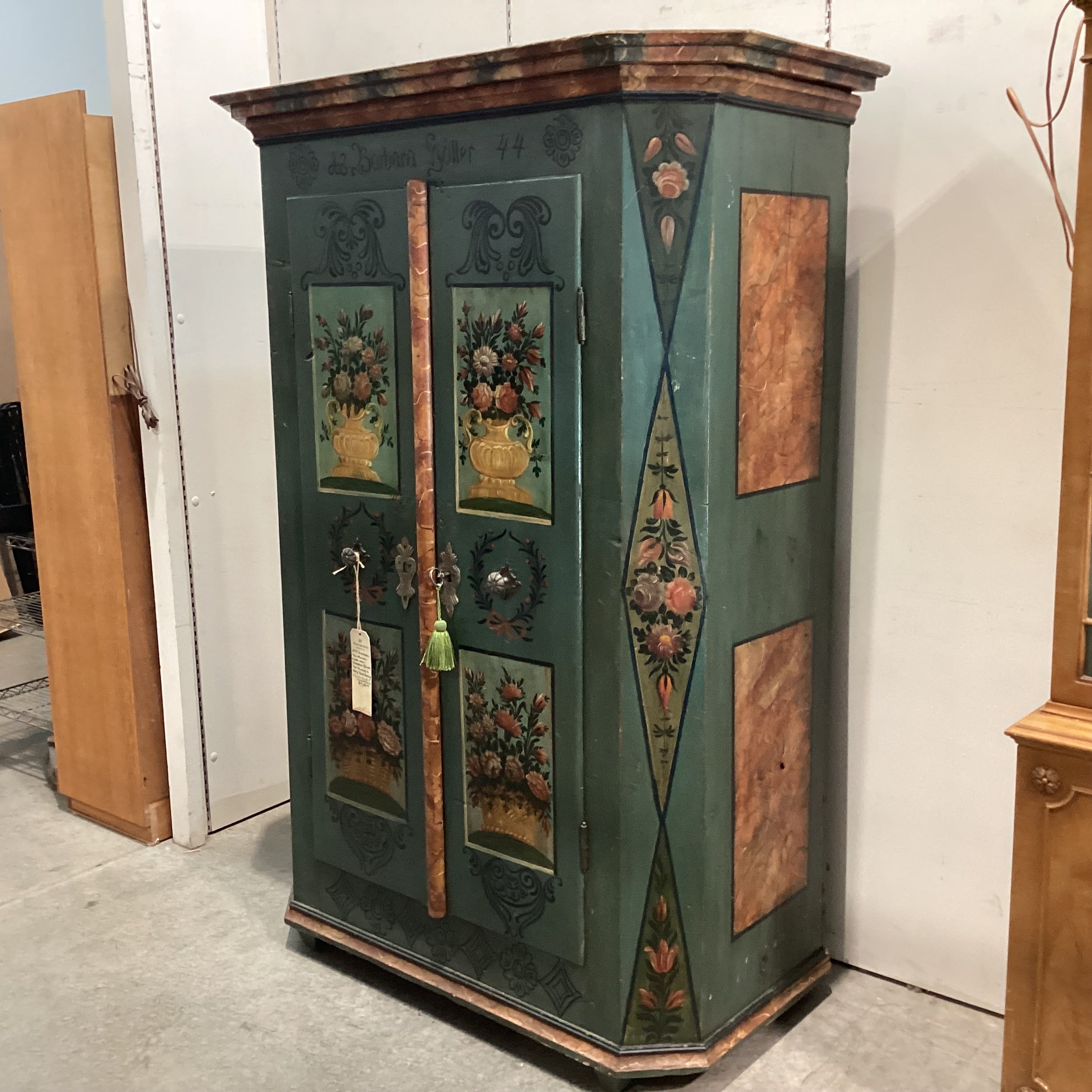 Antique Austrian Kitzbuhel Carved Wood & Hand Painted Floral 2 Door Armoire 50"x 26"x 71"