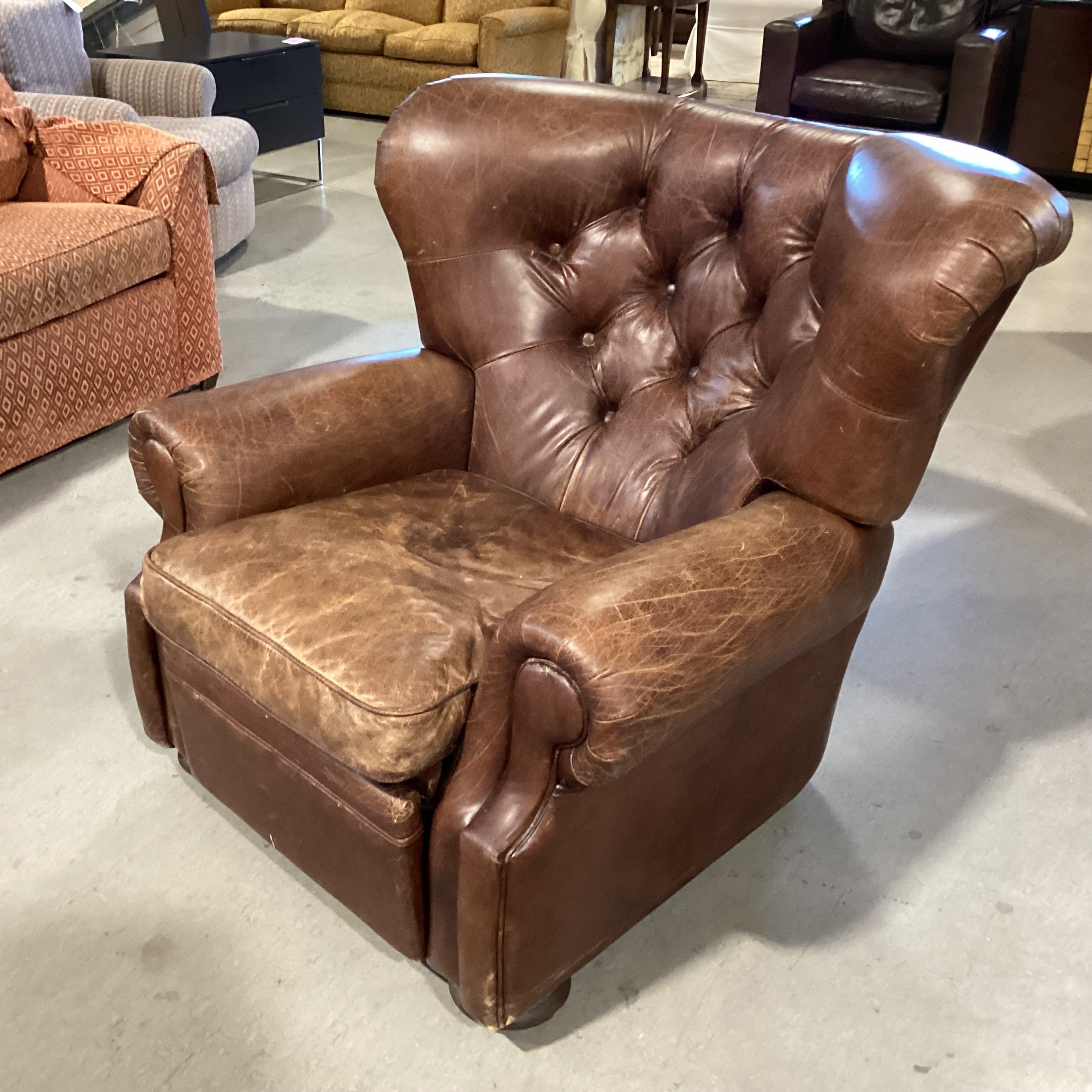 Restoration Hardware Distressed Leather Tufted Recliner Chair 42"x 42" to 64"x 38"