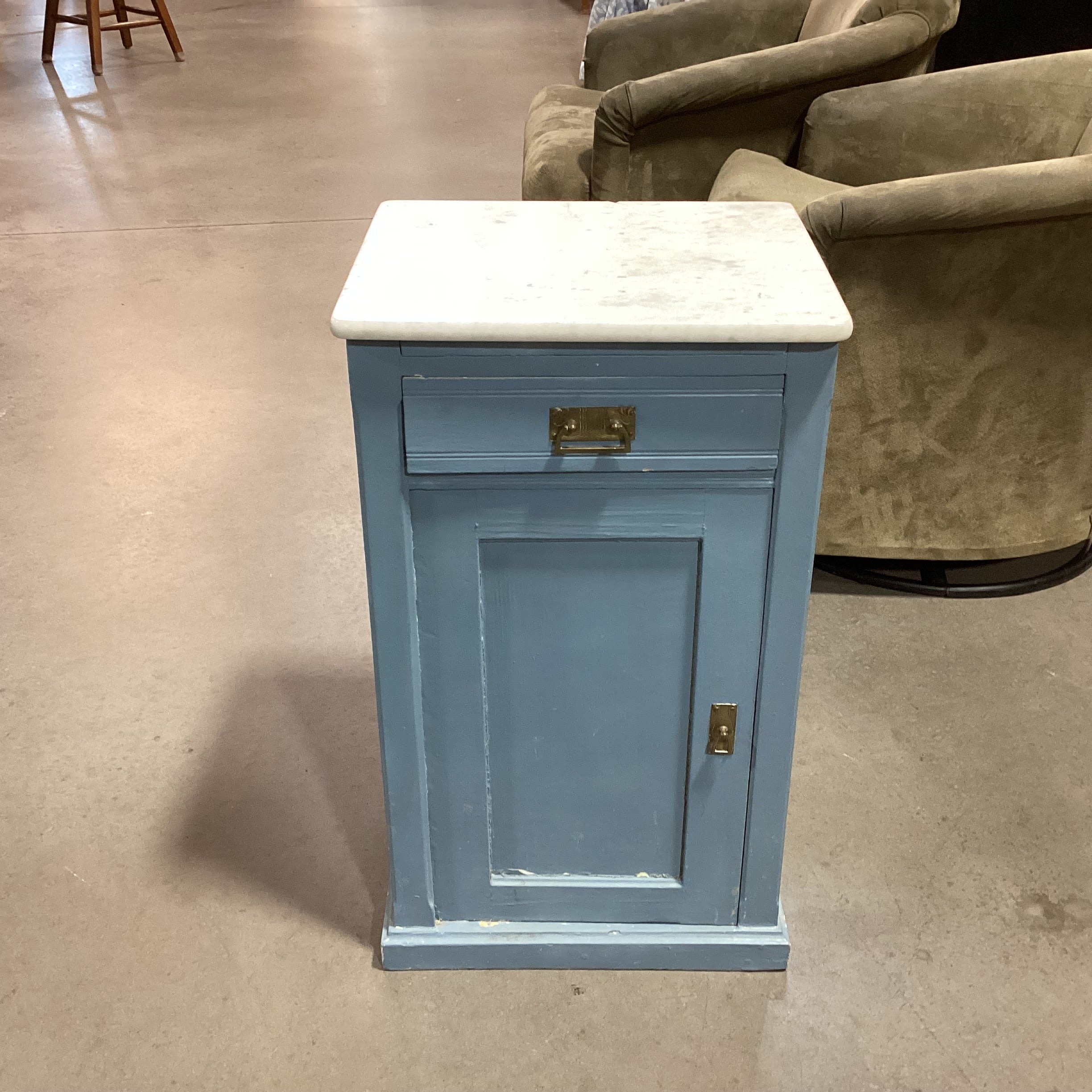 Rustic Wedgewood Blue 1 Drawer 1 Door with Marble Top End Table 17"x 14.5"x 28.5"