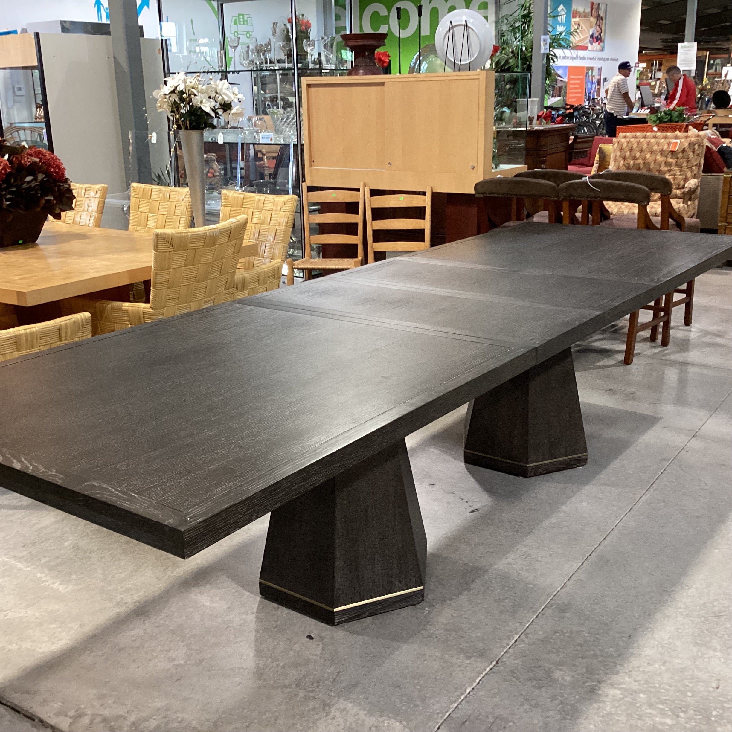 Mitchell Gold & Bob Williams Modern Cerused Charcoal Finish Oak Geometrical Pedestals with Brass Emerson Dining Table 96" to 132"x 42"x 30.5"