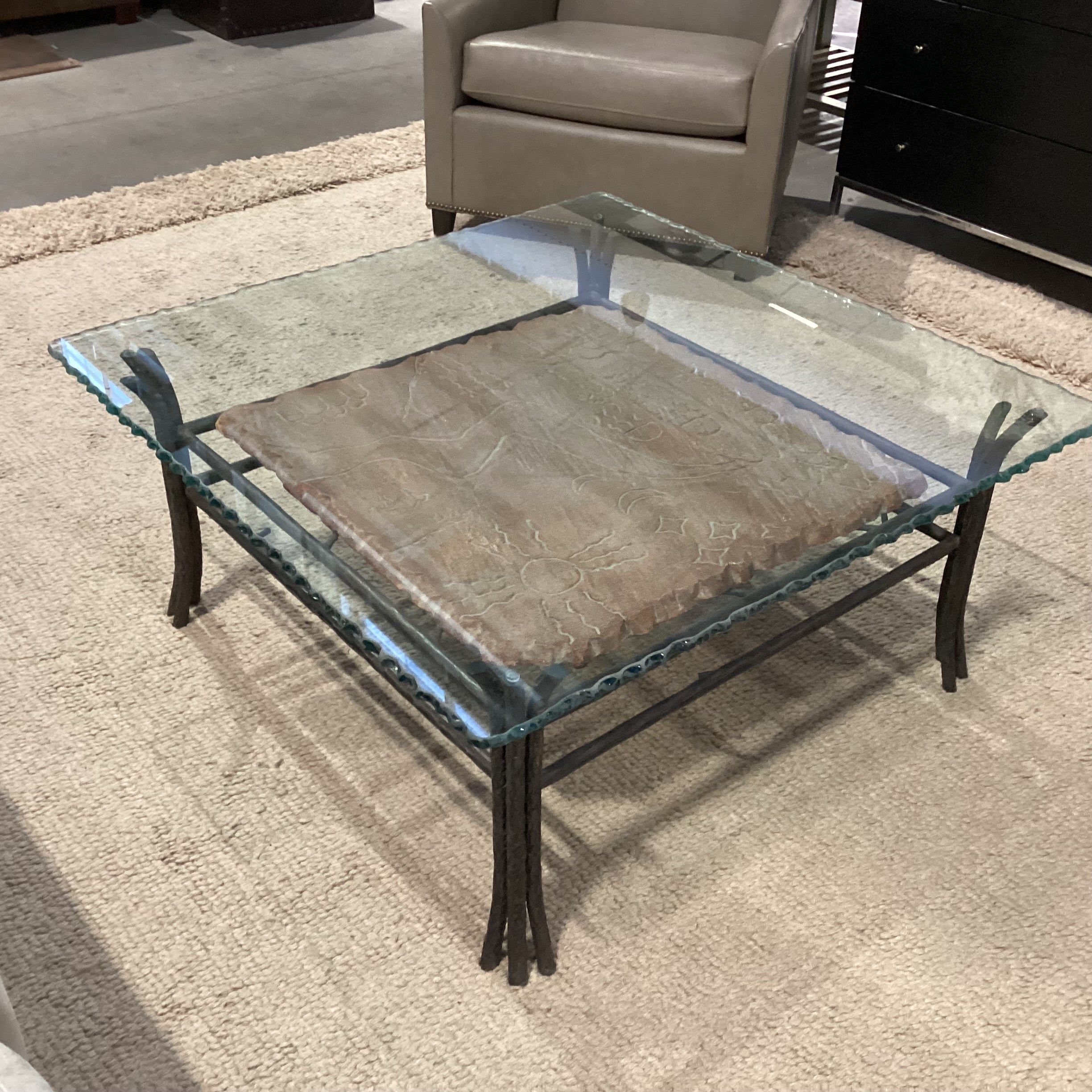 Wrought Iron Carved Scene on Stone & Live Edge Glass Coffee Table 38"x 38"x 17"