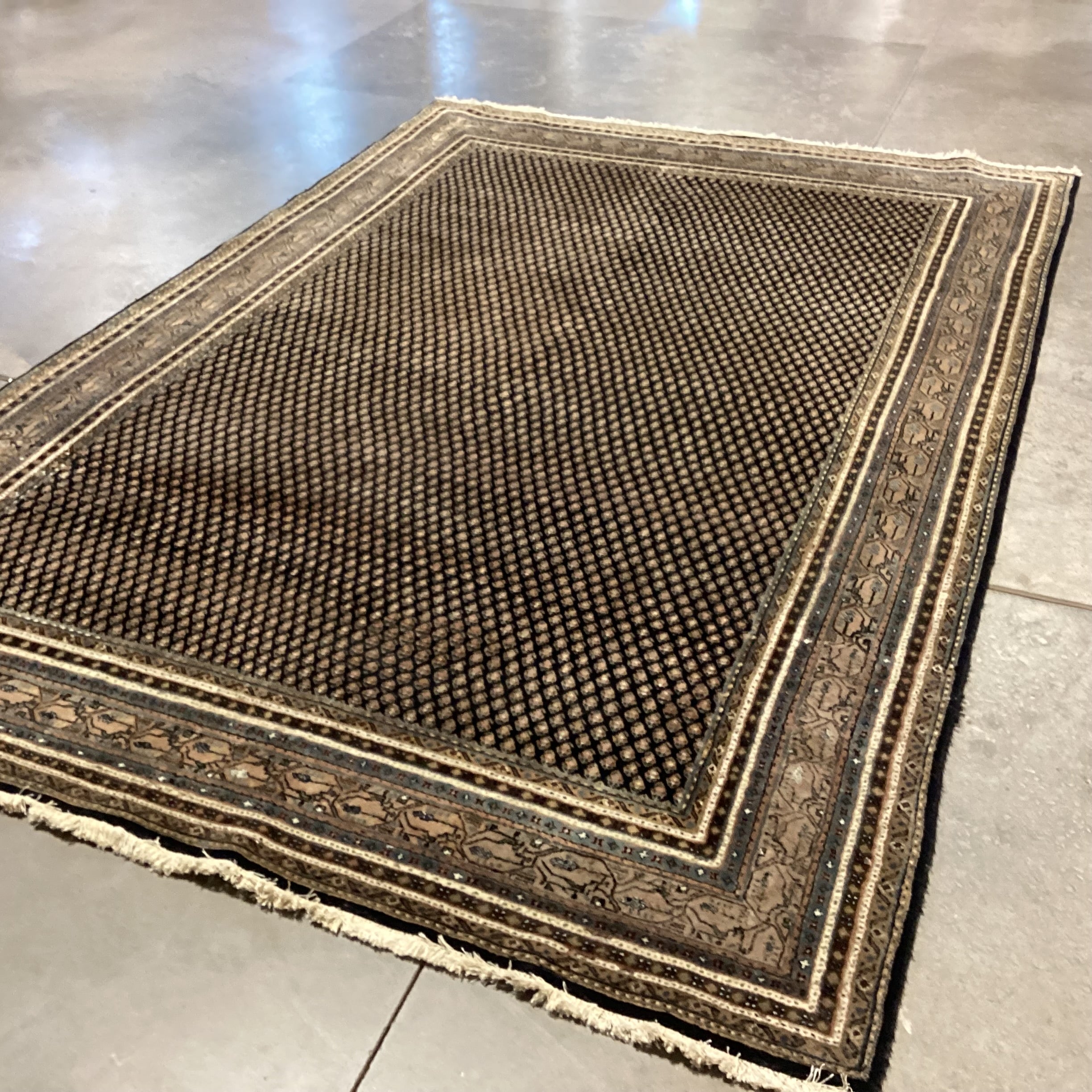 Cream Black Blue Taupe Olive Indo Mir Boteh Motif Hand Woven Wool Rug 6"x 9'4"