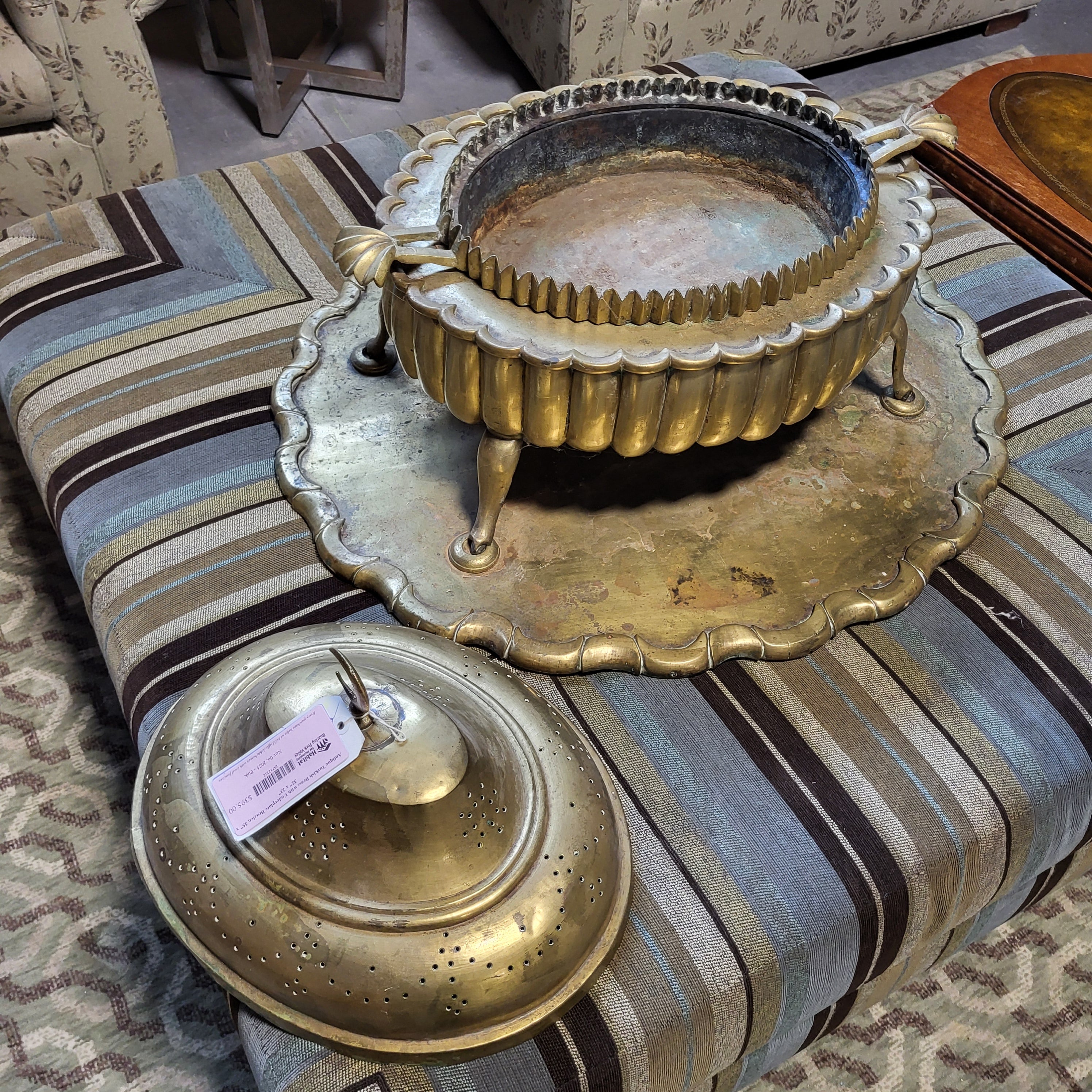 Antique Turkish Brass with Underplate Brazier, 35" x 32" x 23"