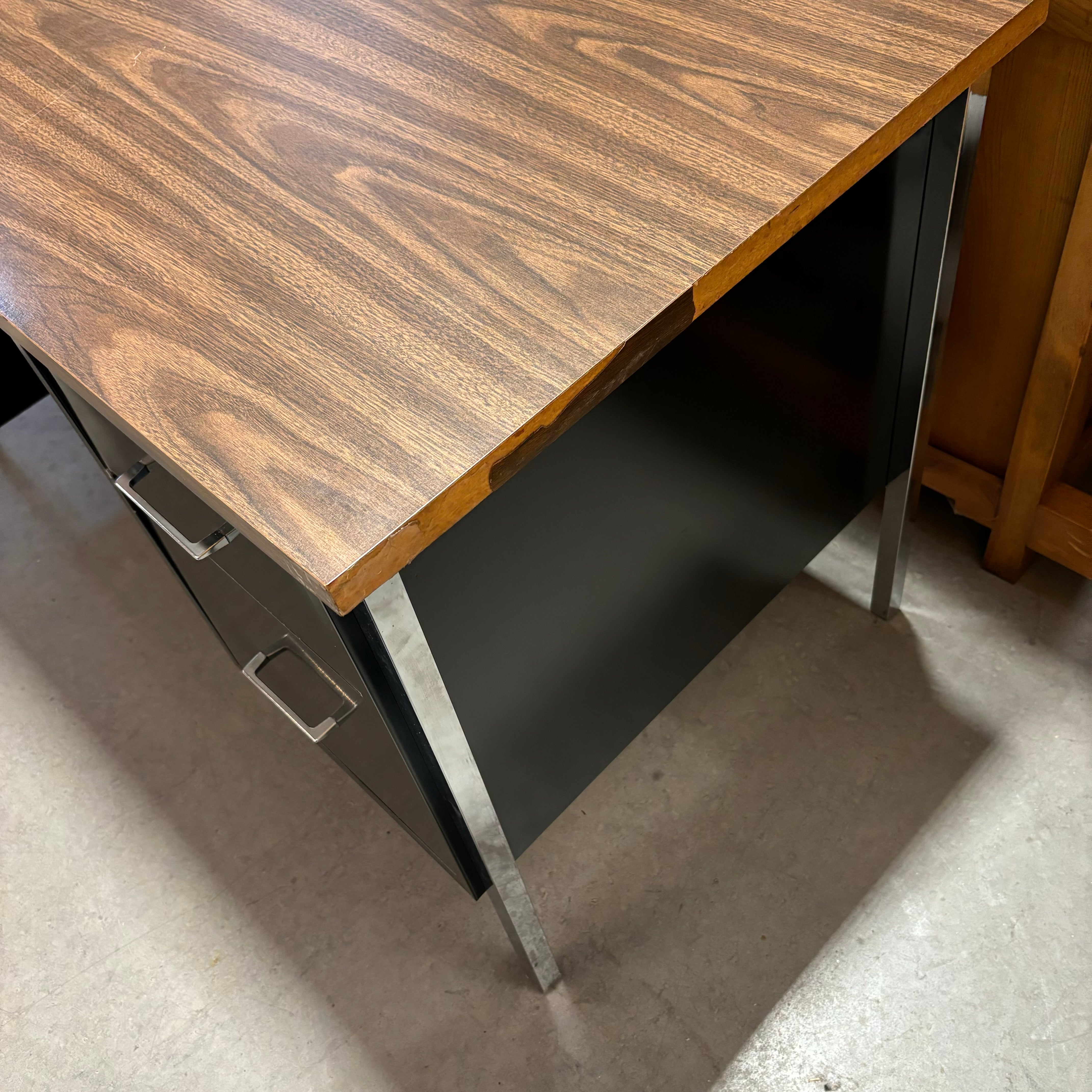 Dark Wood Veneer & Black Steel Base 4 Drawer with Center Pullout Desk 55"x 26"x 29"