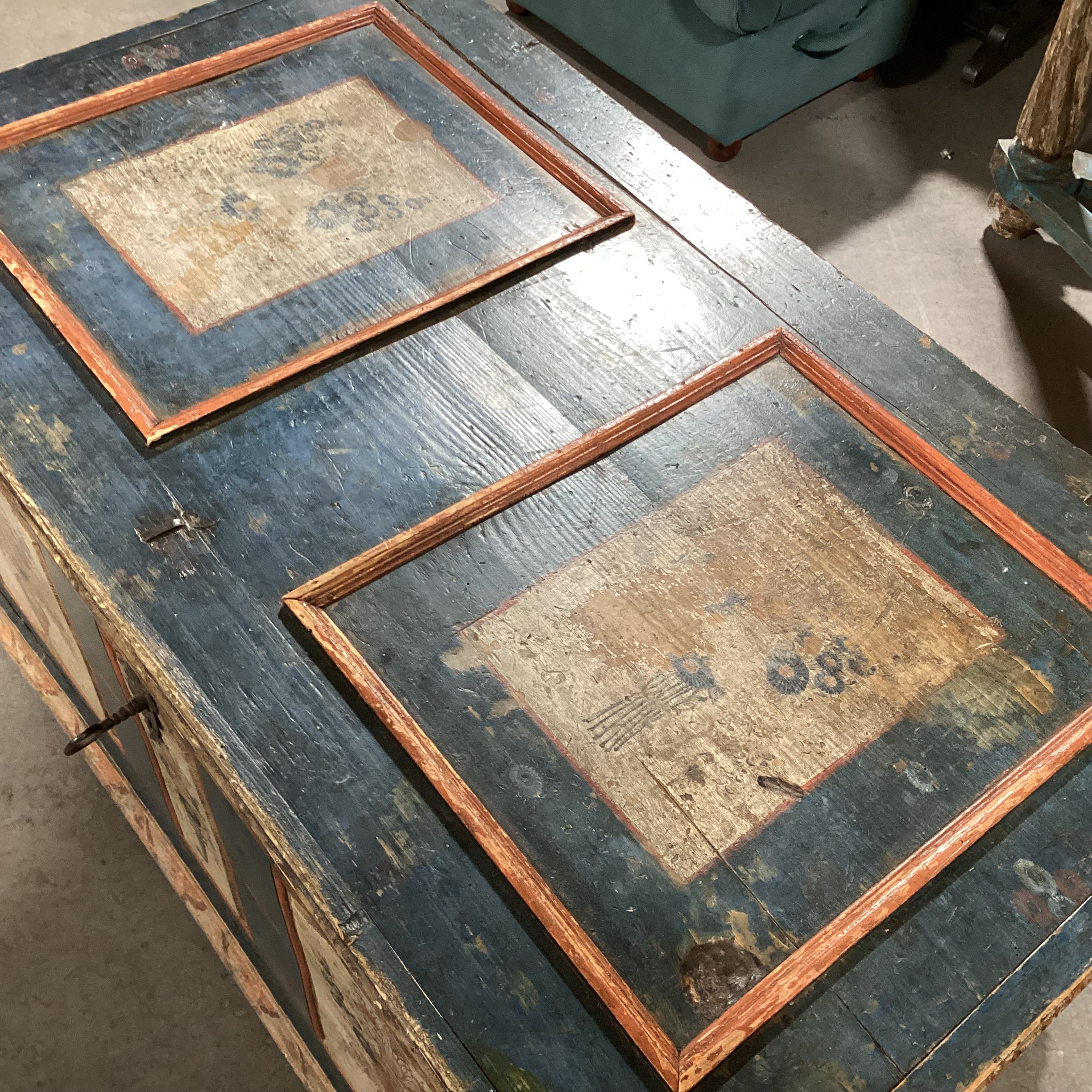 Antique Carved Wood Hand Painted Blue with Floral Panels Trunk 42"x 25"x 23.5"
