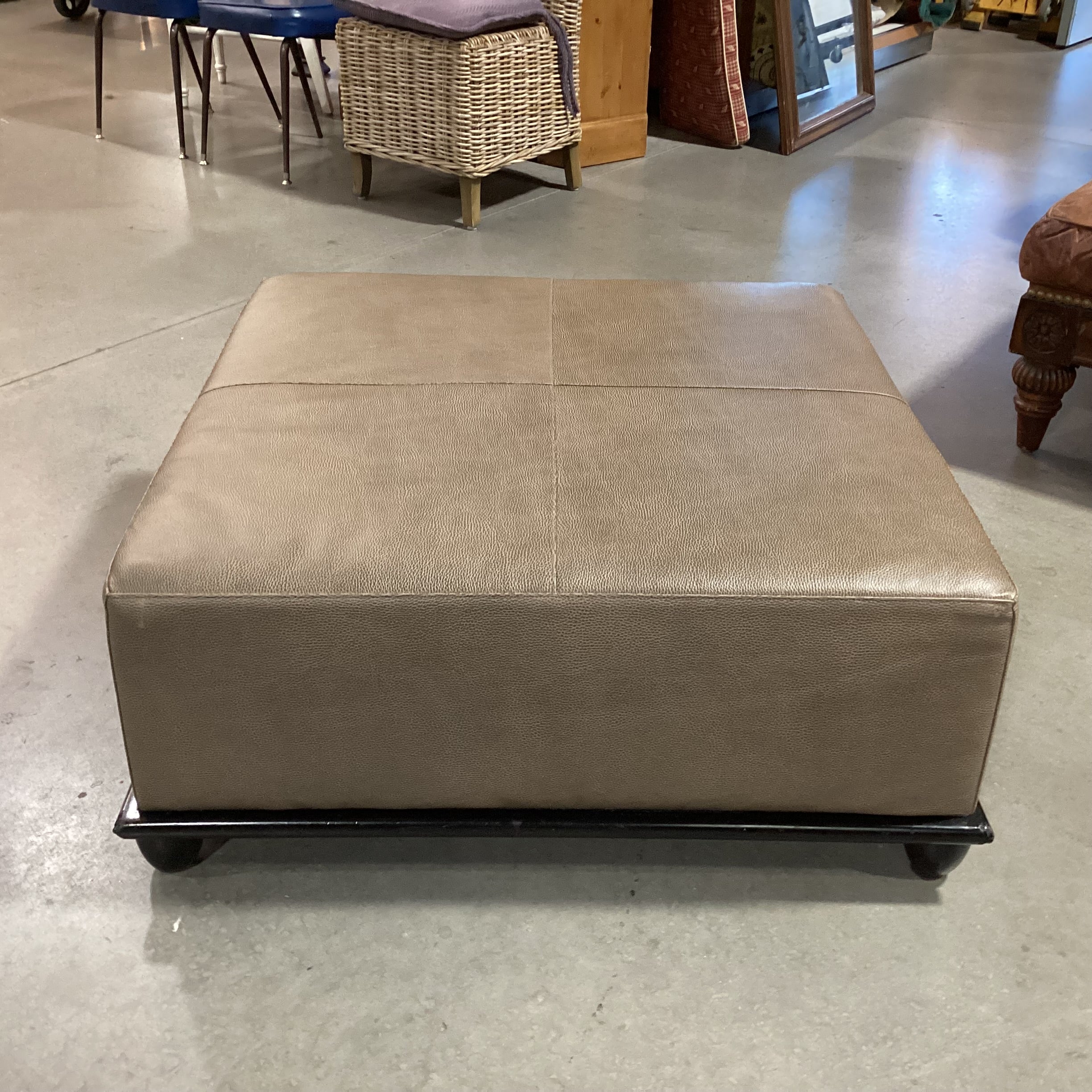 Baker Milling Road Collection Taupe Brown Textured Leather & Black Wood Base Ottoman 38"x 38"x 16"