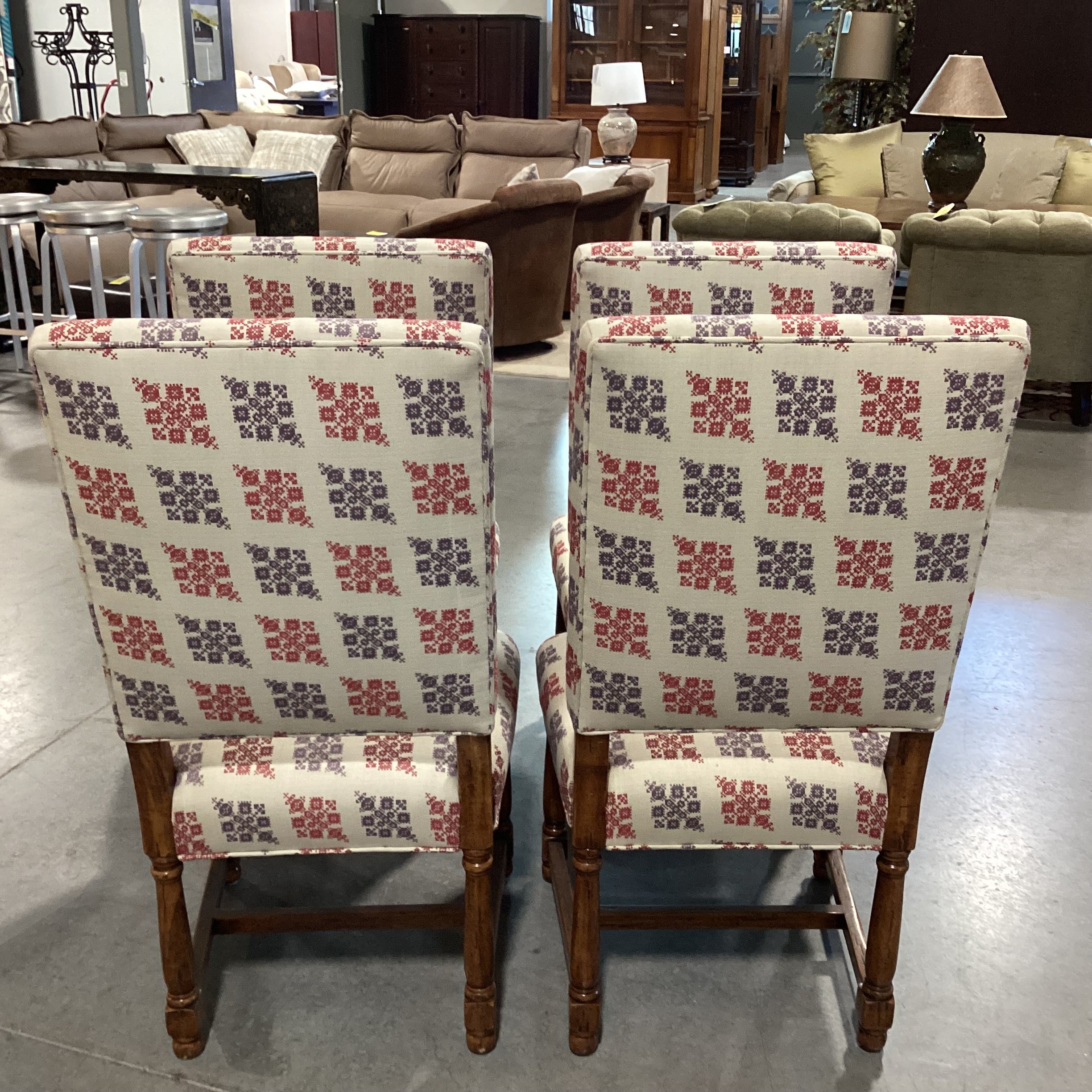 Set Of 4 Carved Wood & Beige Purple Red Pattern Linen Dining Chairs 21"x 20"x 42.5"