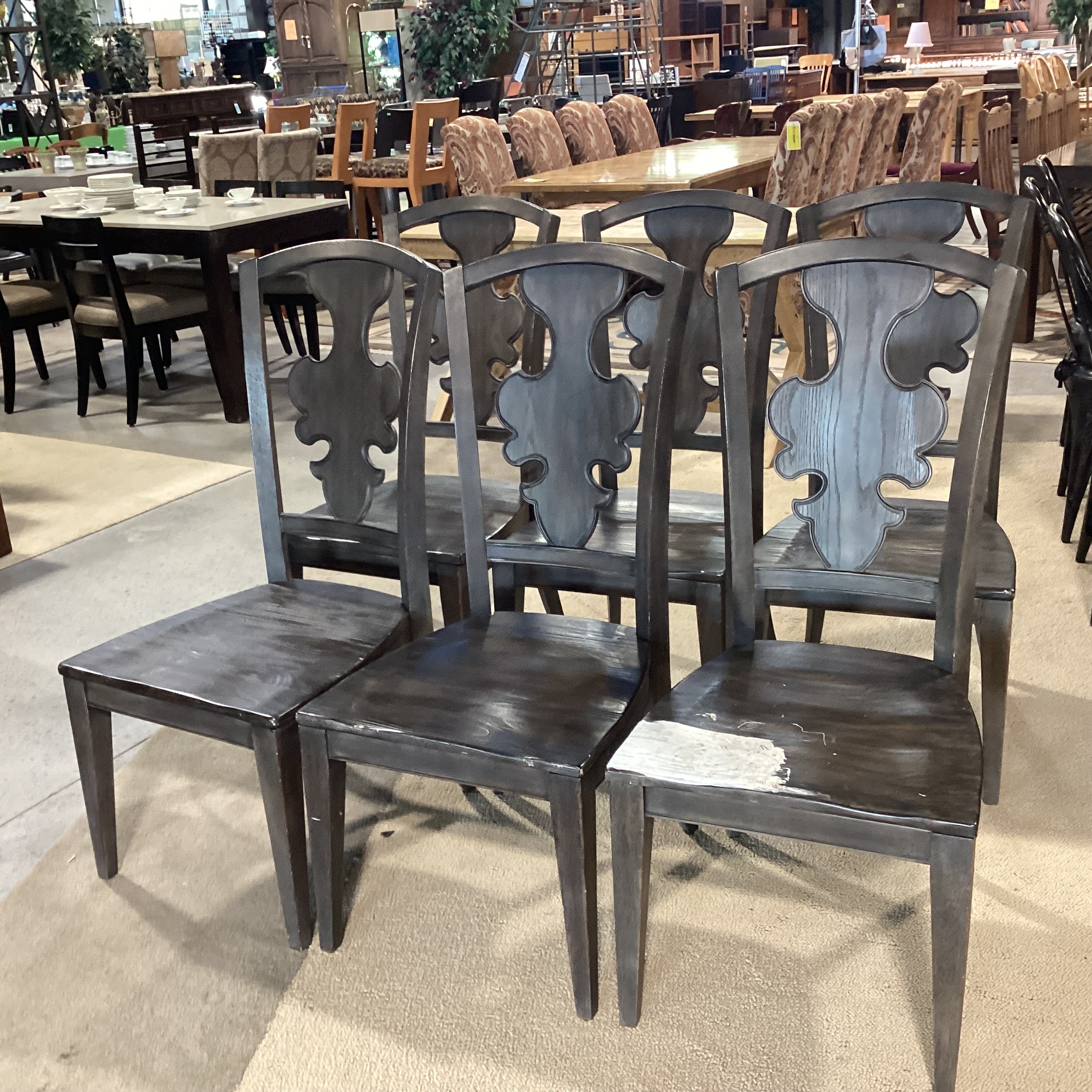 SET of 6 French Country Grey Washed Wood with Detail Back Dining Chairs 19"x 20"x 41.5"