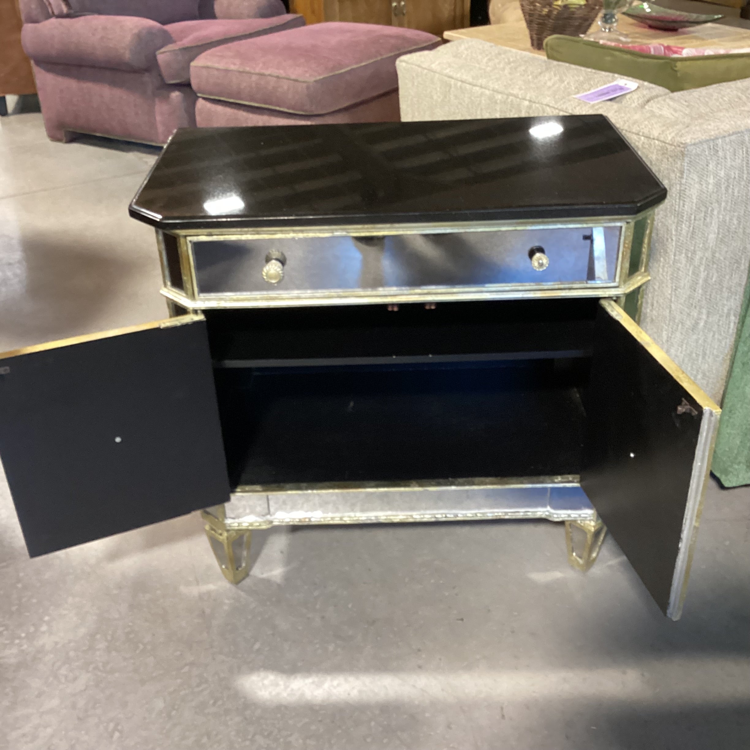 Antiqued Gold with Mirror & Black Granite Top 2 Door Night Stand 30.5"x 17.5"x 29"