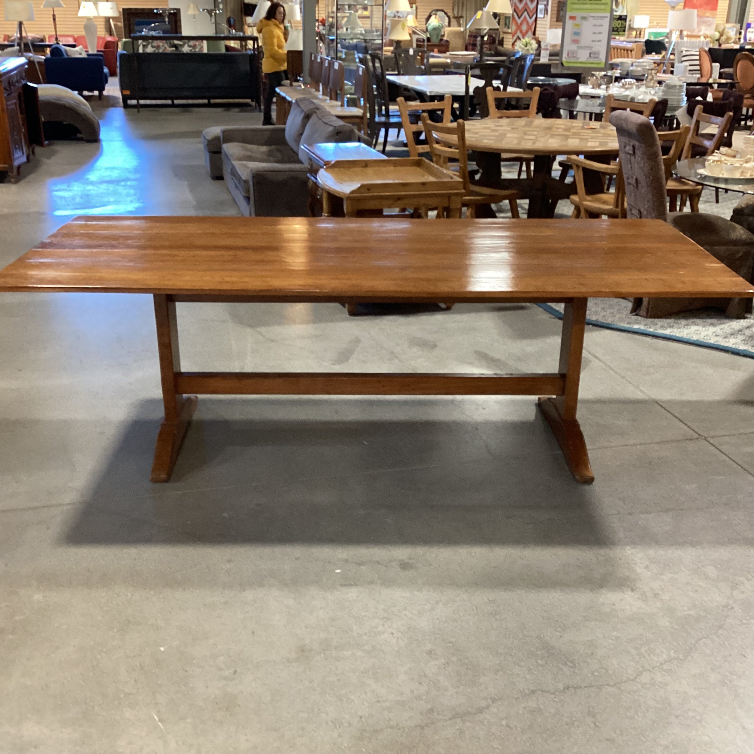 Distressed Finished Plank Top & Trestle  Base Dining Table 93"x 39.5"x 30"