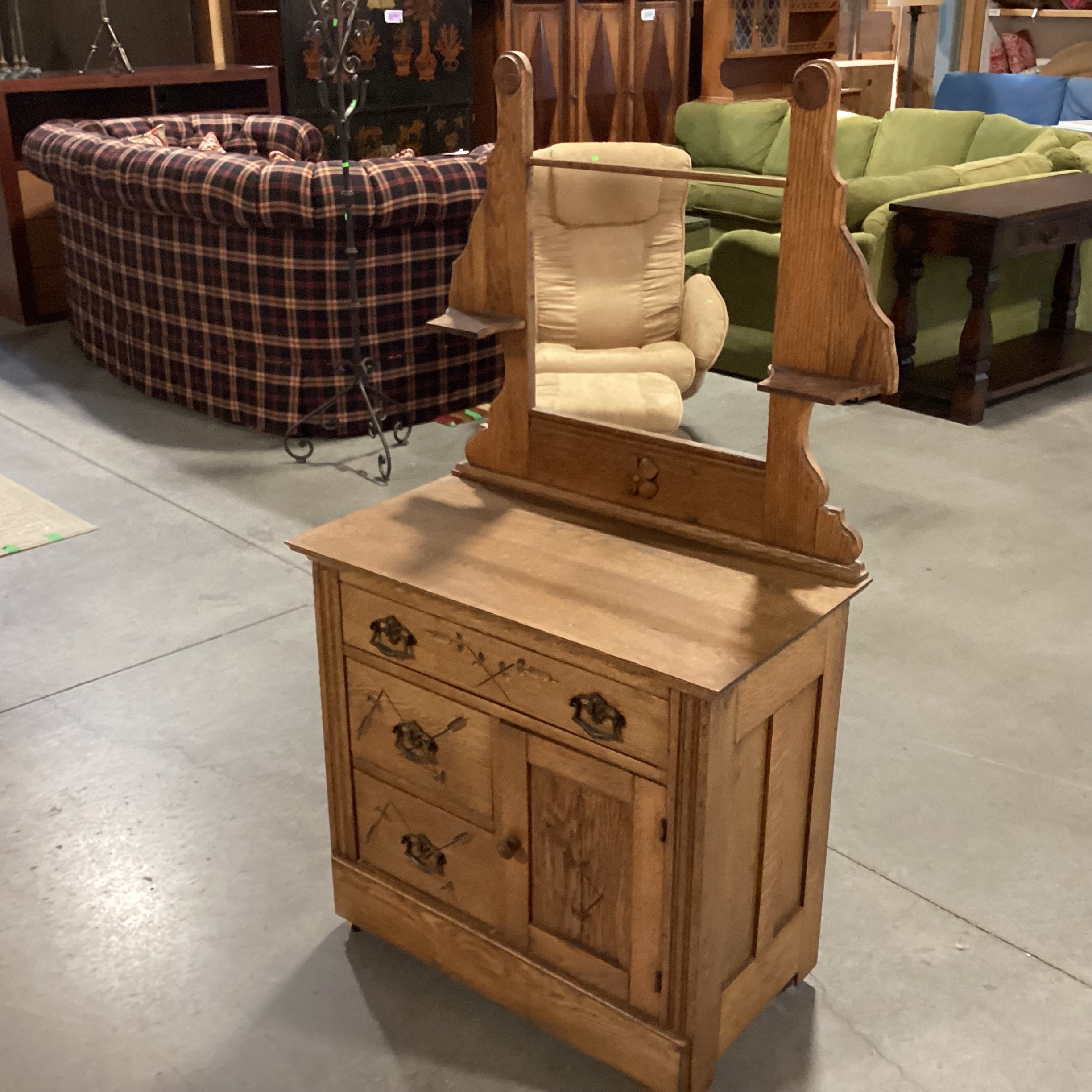 Antique Carved Oak 3 Drawer 1 Door with Towel Rack on Casters Dry Sink Chest 32"x 17"x 56.5"
