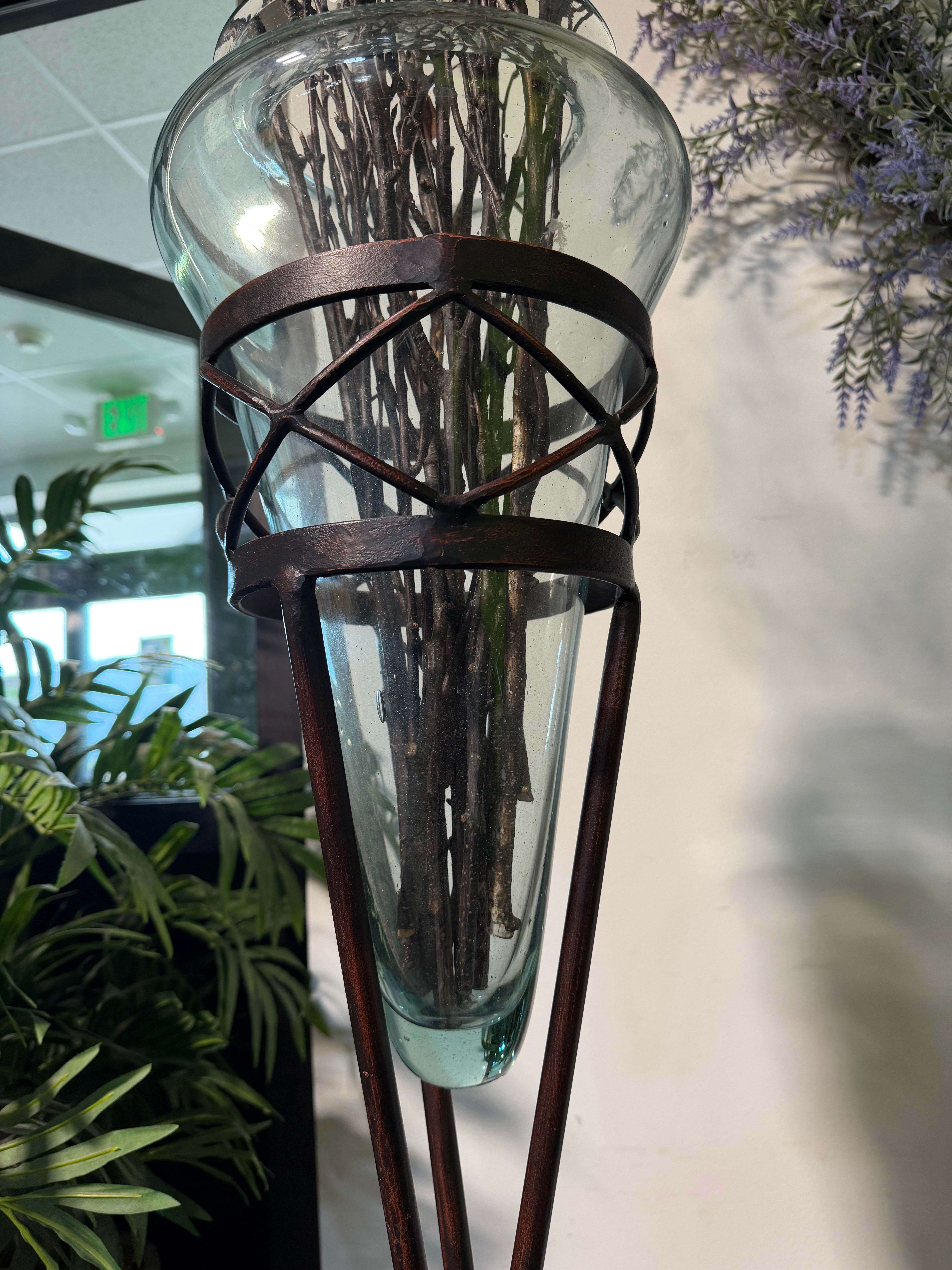 Ornamental Iron & Blown Glass Stand 14”x 14”x 59”
