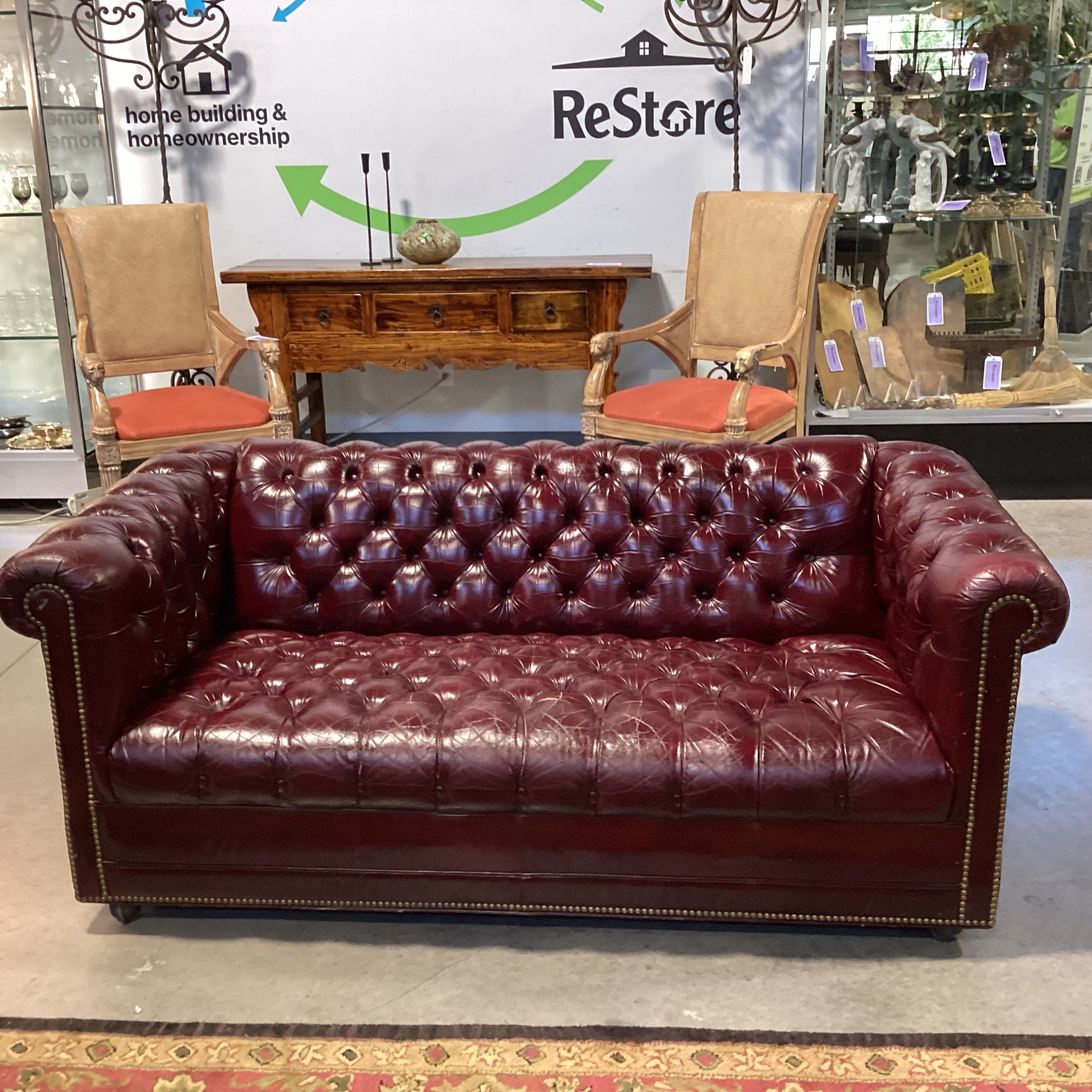 Vintage Burgundy Tufted Leather Nail Head on Casters Chesterfield Loveseat Sofa 69"x 36"x 28"