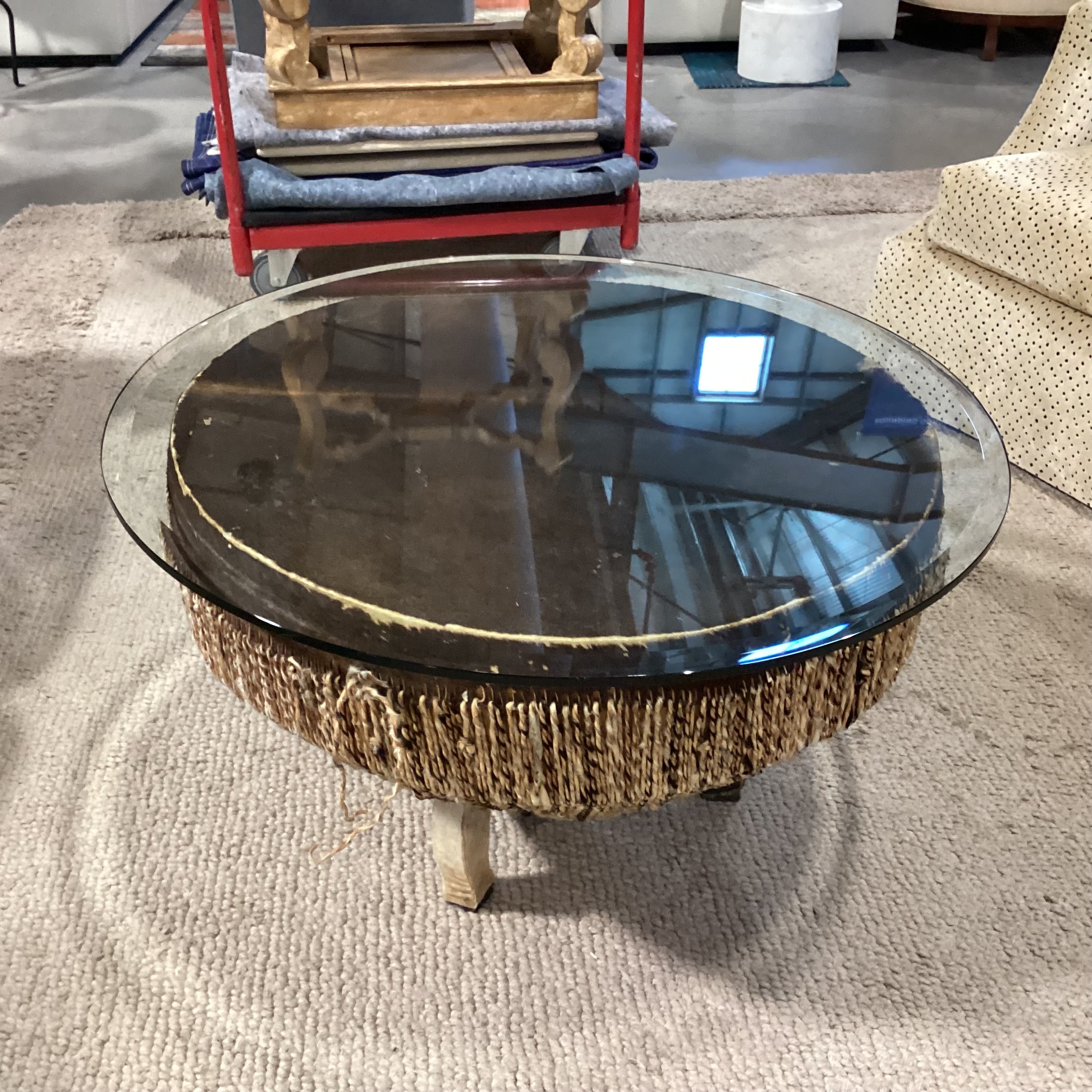 Vintage African Tribal Drum with Hide & Glass Top Coffee Table 34" Diameter x 20"