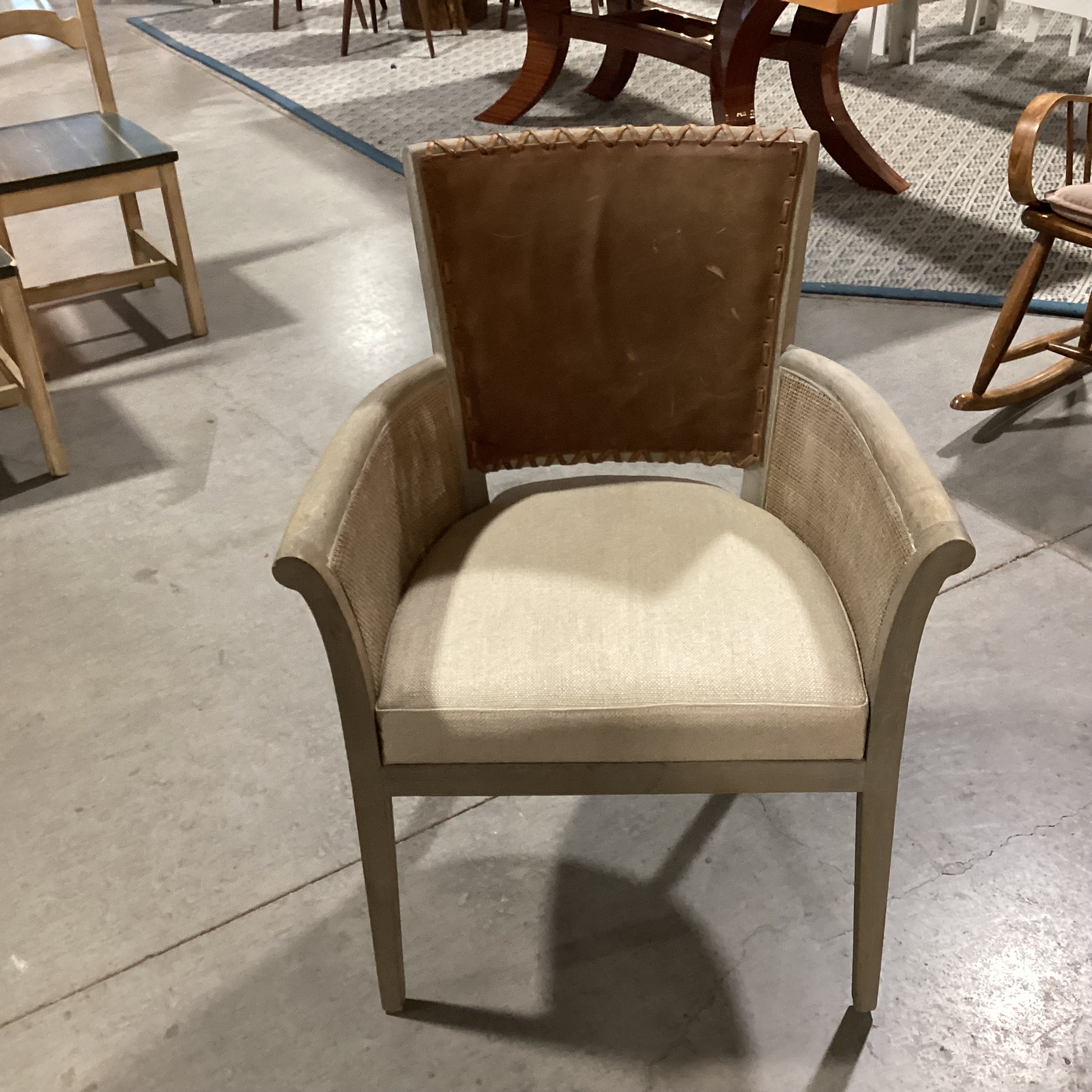 Washed Grey Wood Woven Sides Leather Back Linen Seat Chair 26"x 23"x 35"