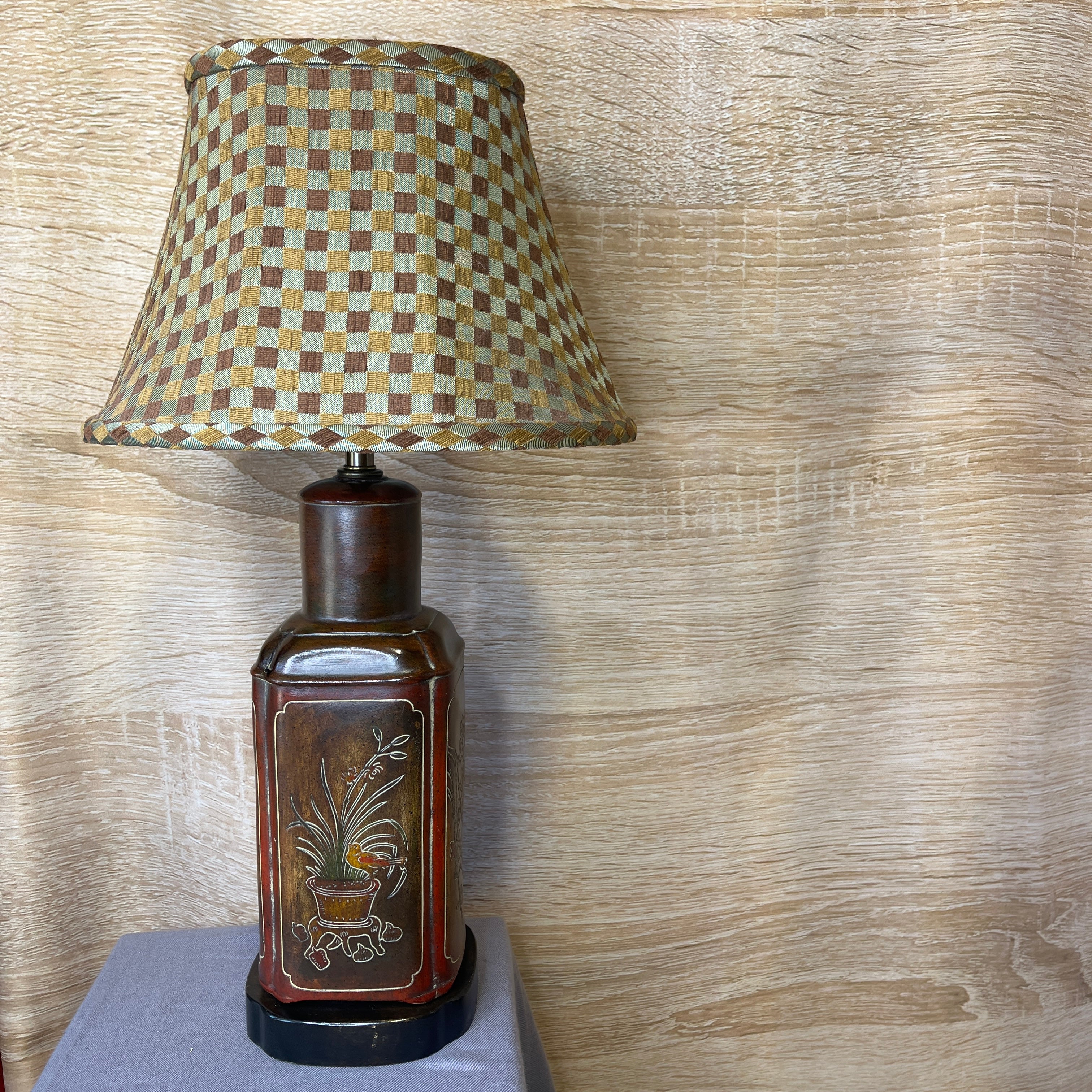 Rare Frederick Cooper Red & Brown Bird Chinoiserie Tea Canister with Shade Table Lamp 6.25" Diameter X 30"