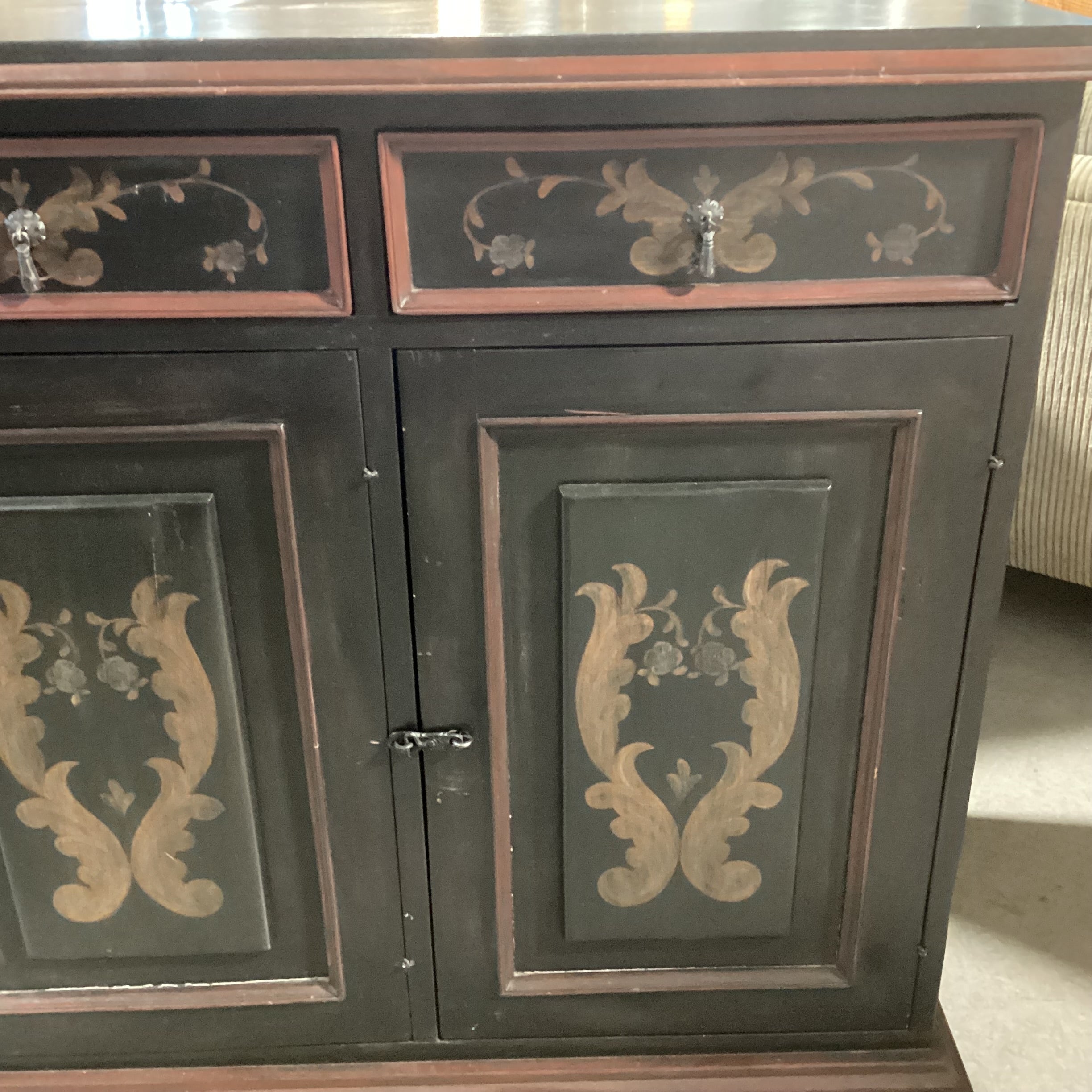 Black & Red Antiqued with Gold Ornate Painted Detail 3 Drawer 3 Door with Shelves Sideboard 60"x 21"x 41"