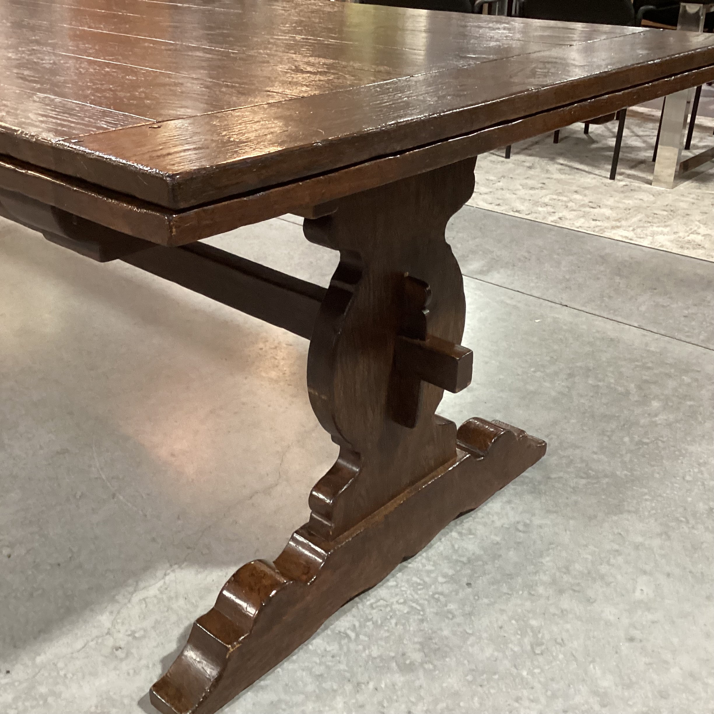 Antique Dark Finish Wood with End Extend Leaves & Trestle Dining Table 108" to 155"x 42"x 30.5"