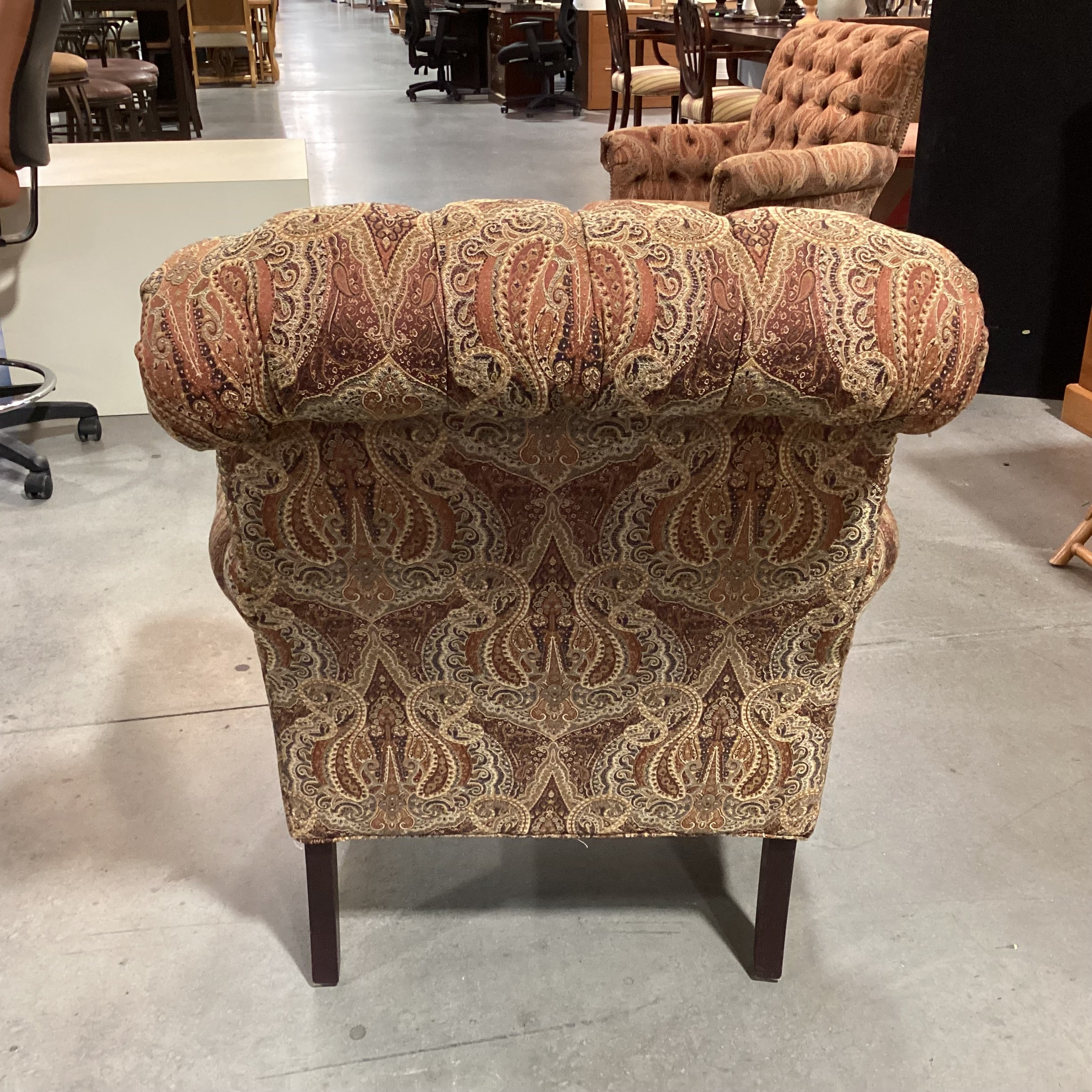 Custom Gold Rust Tan Ornate Paisley Tufted Nailhead with Carved Feet Chair 34"x 38"x 38"