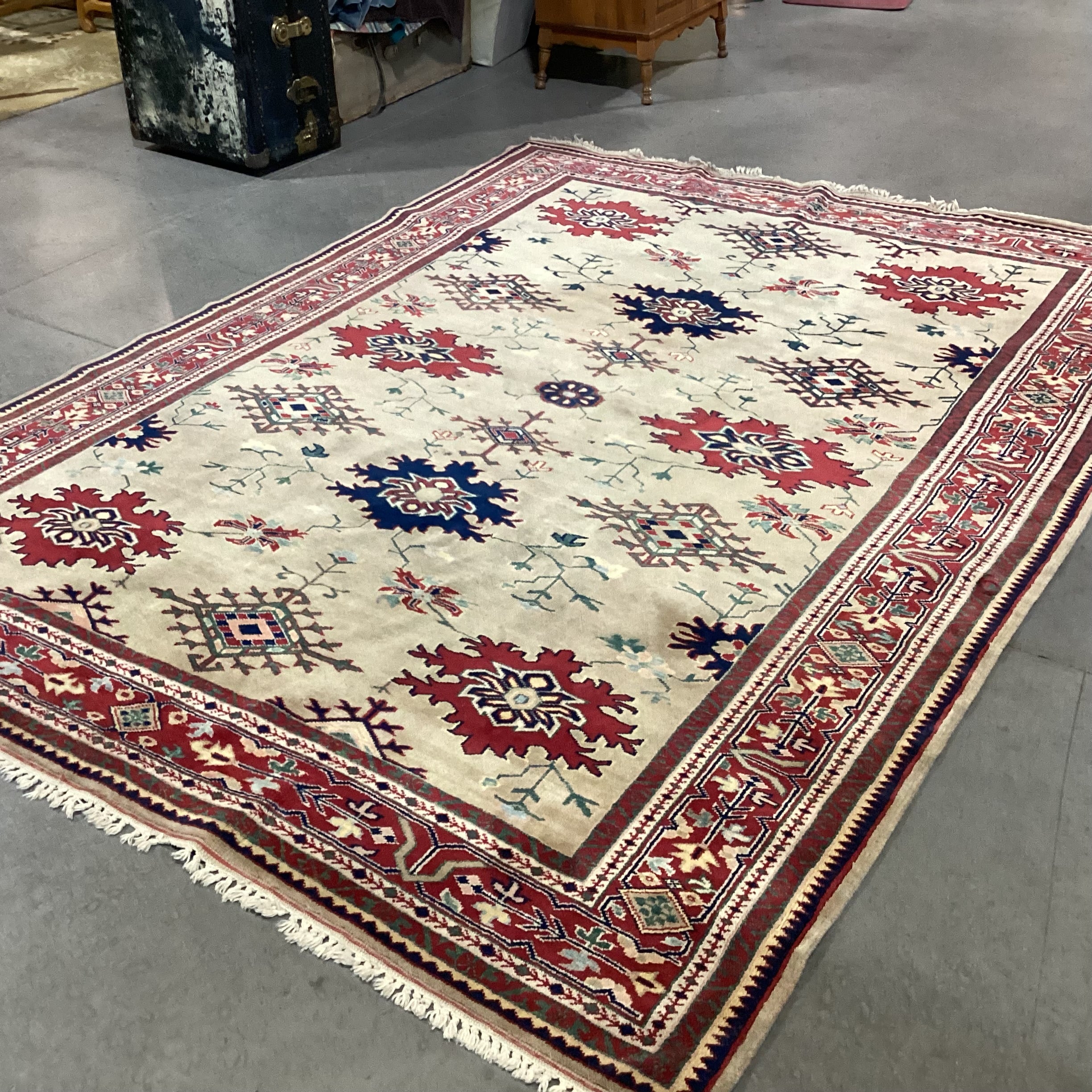 Vintage Beige Tan Red Navy Hand Woven Wool Rug 6'7" x 9'