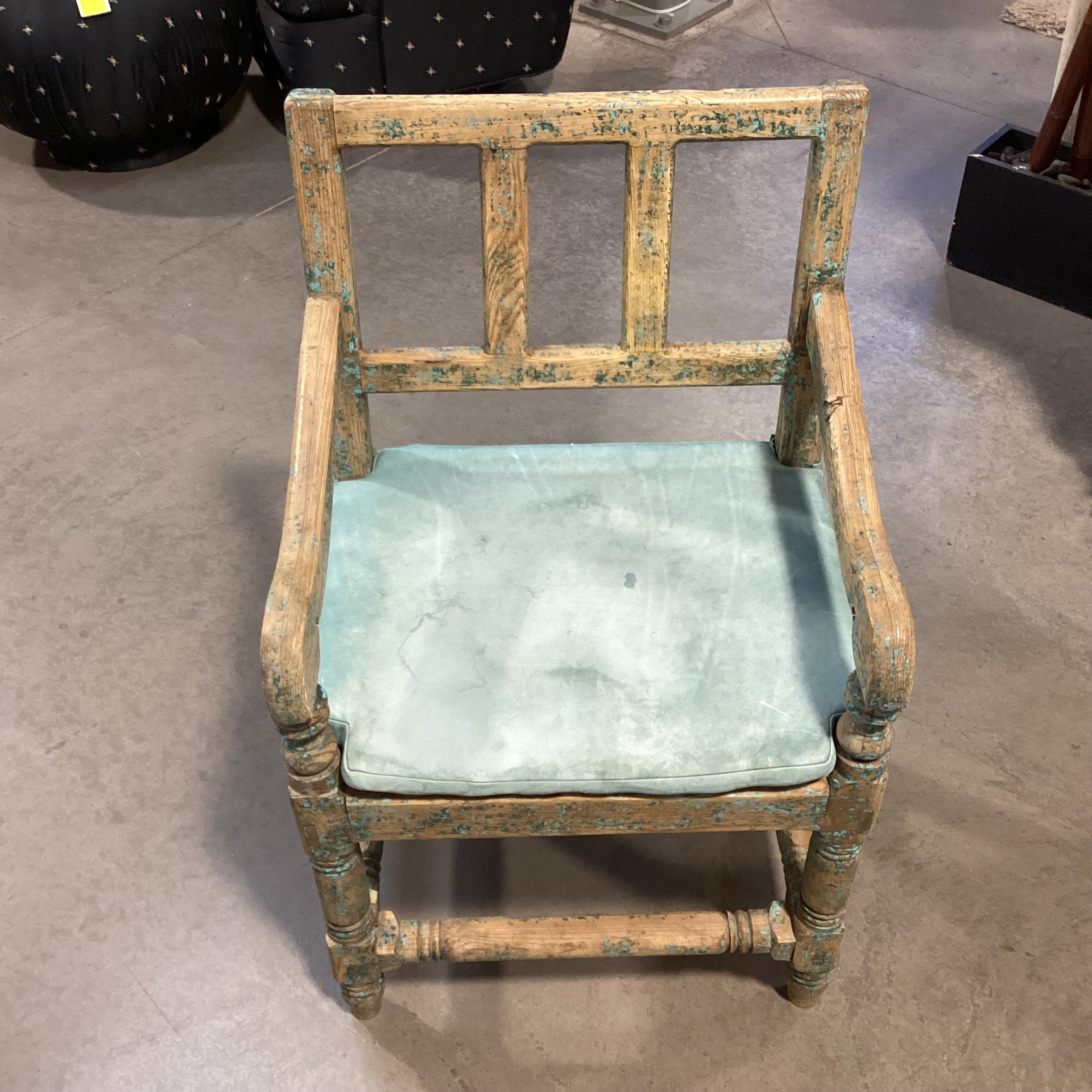 Santa Fe Style Carved Wood with Teal Distressing & Leather Cushion Chair 22.5"x 22"x 37"