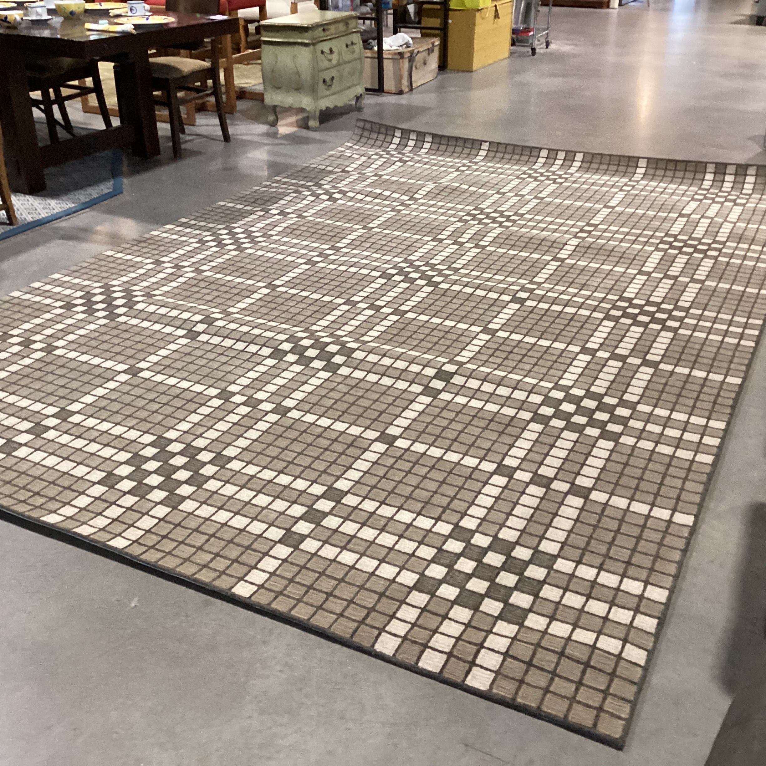 Custom Made Beige Taupe Brown Square Design Looped Wool Heat Sealed & Border Backing Rug 8' 7"x 12' 10"