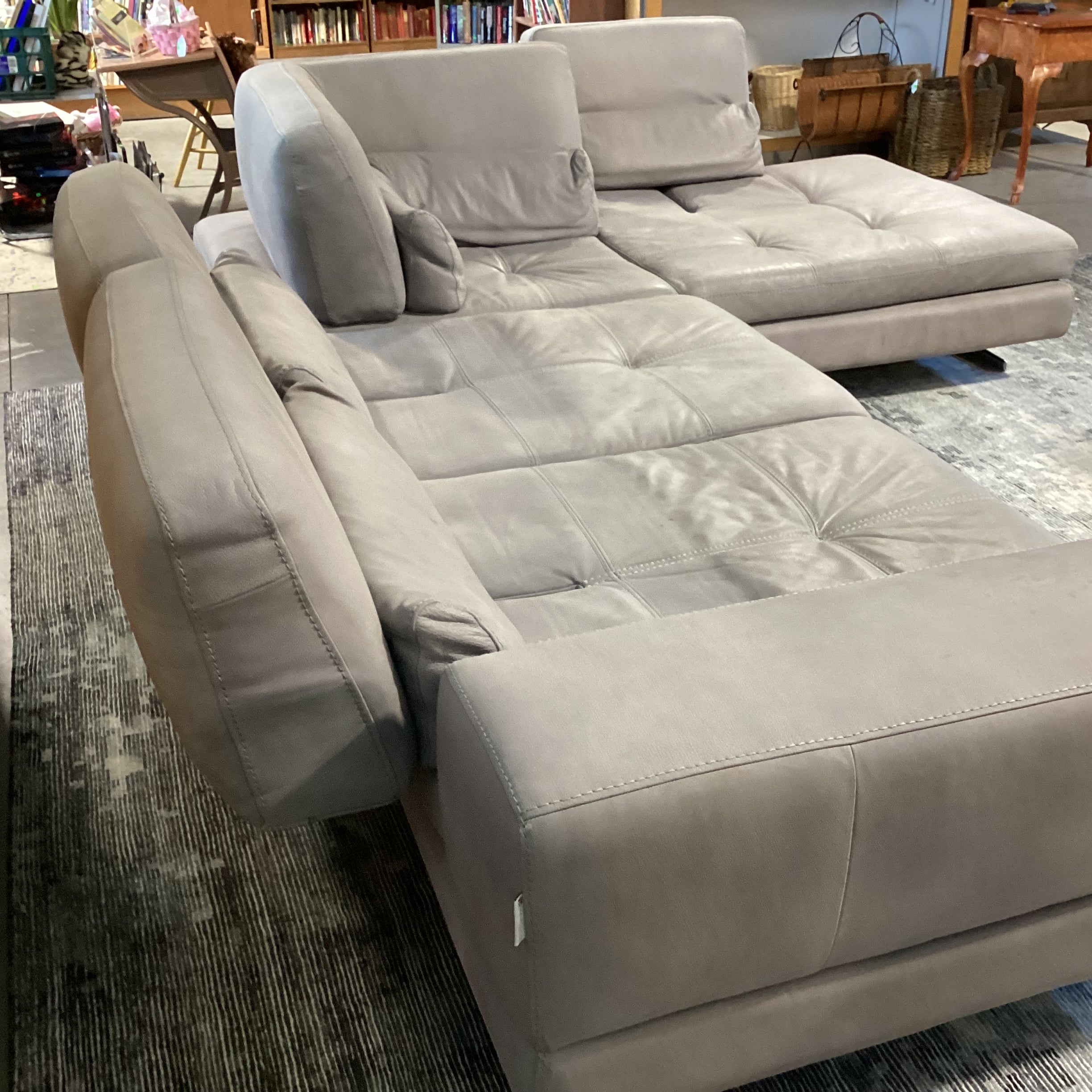 Max Divani Italian Grey Leather 2 Piece with Chaise Sectional 93"x 123"x 44"x 35"