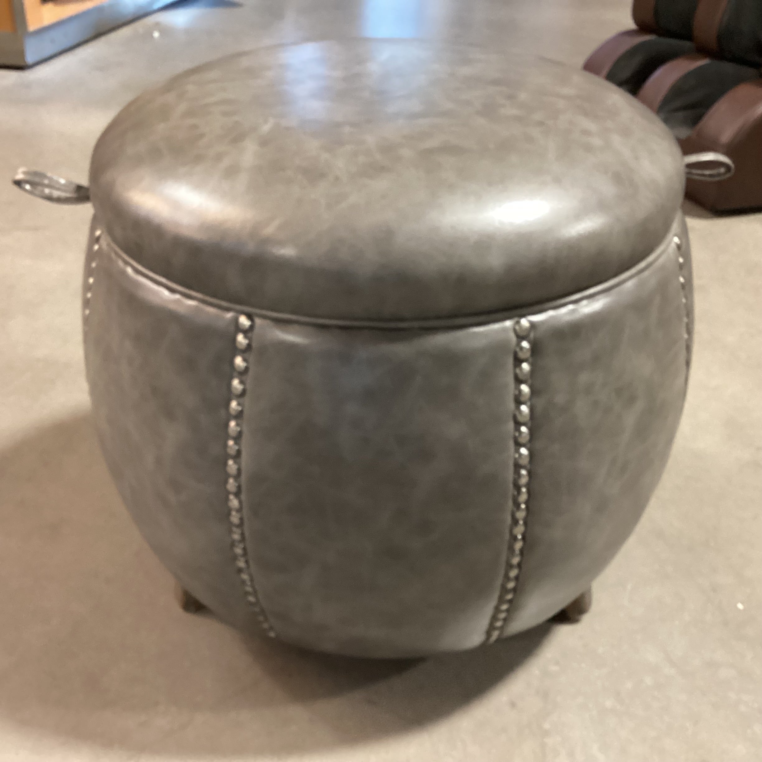 Uttermost Linford Round Clouded Zinc Leather Nailhead with Storage Ottoman 20" Diameter x 18"