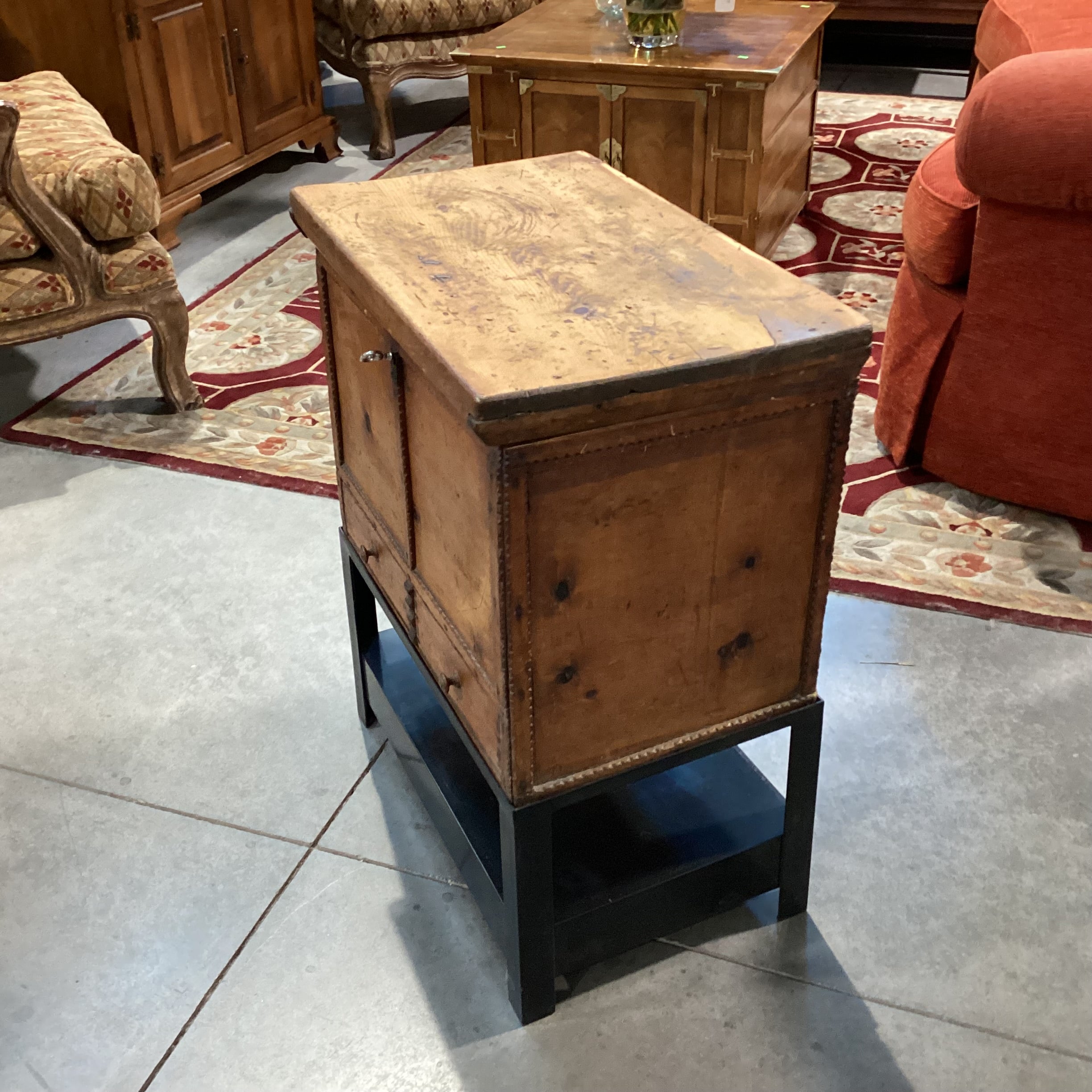 Antique Carved Wood with Metal Stand 2 Drawer & Storage Chest Trunk 22.5"x 14.5"x 28.5"