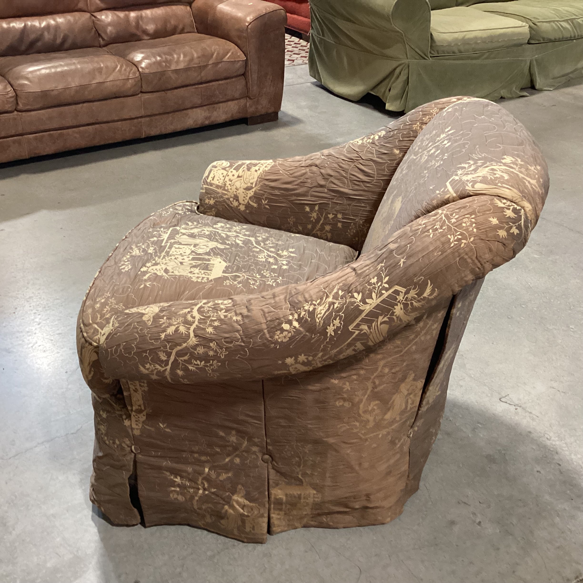 JJ Custom Brown Gold Asian Scene Silky Crinkle Upholstery Tailored Button Skirt Chair 35"x 36"x 32"