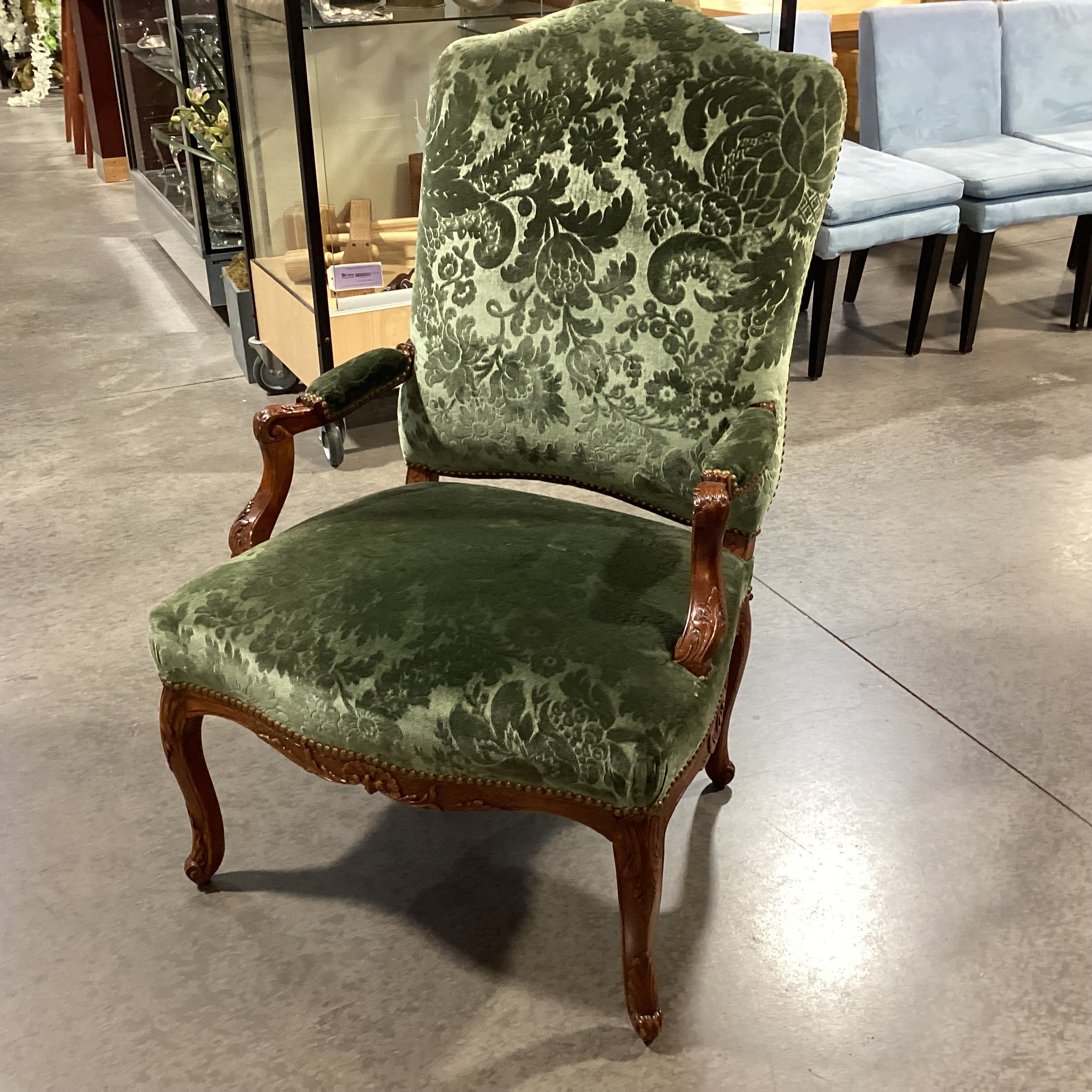 Vintage Carved Wood with Green Raised Floral Velvet & Nailhead Chair 28"x 28"x 42"
