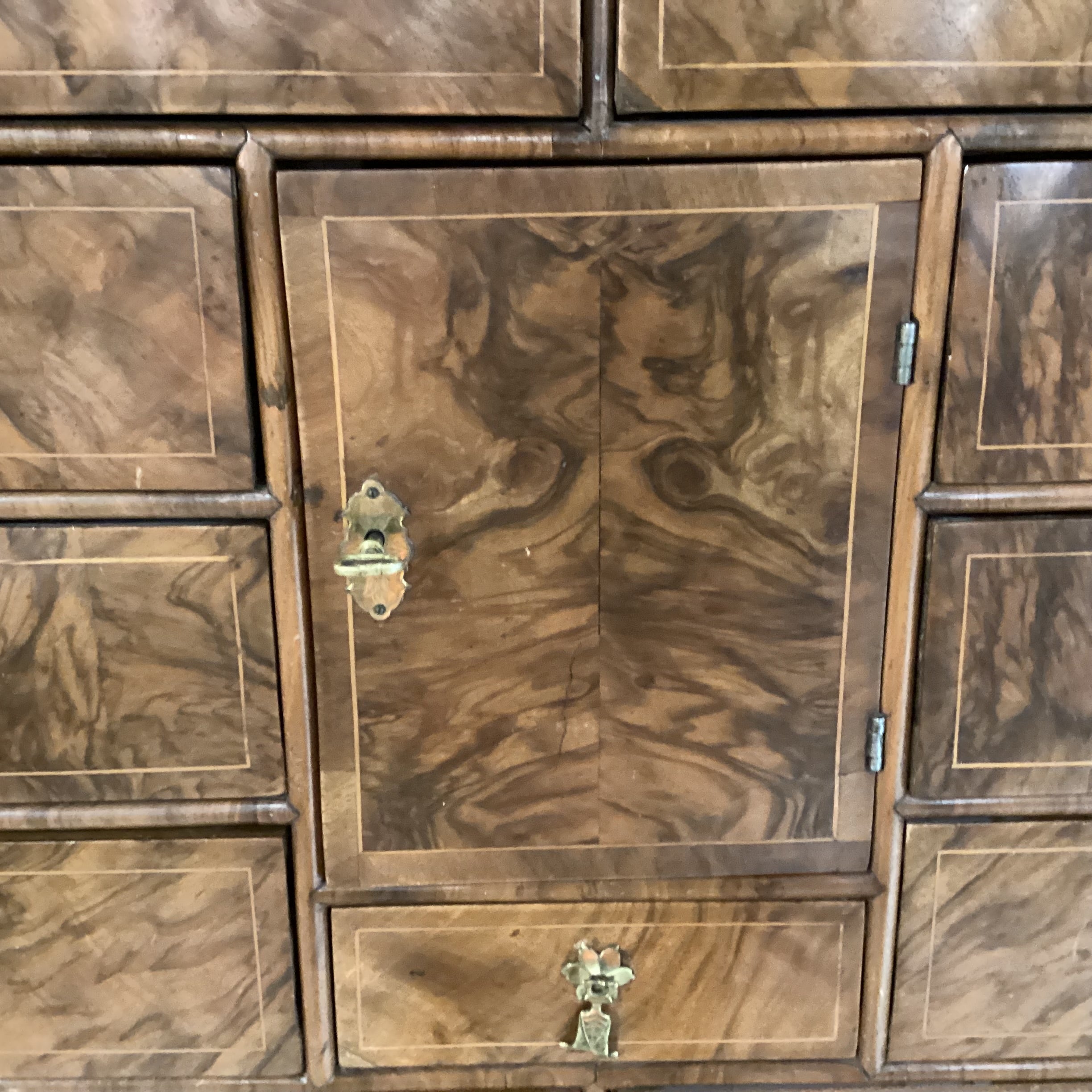 Antique English Burr Walnut Veneer Inlay & Brass Ornate Pulls 18 Drawer 2 Door 2 Piece Cabinet Chest 41"x 18"x 66"