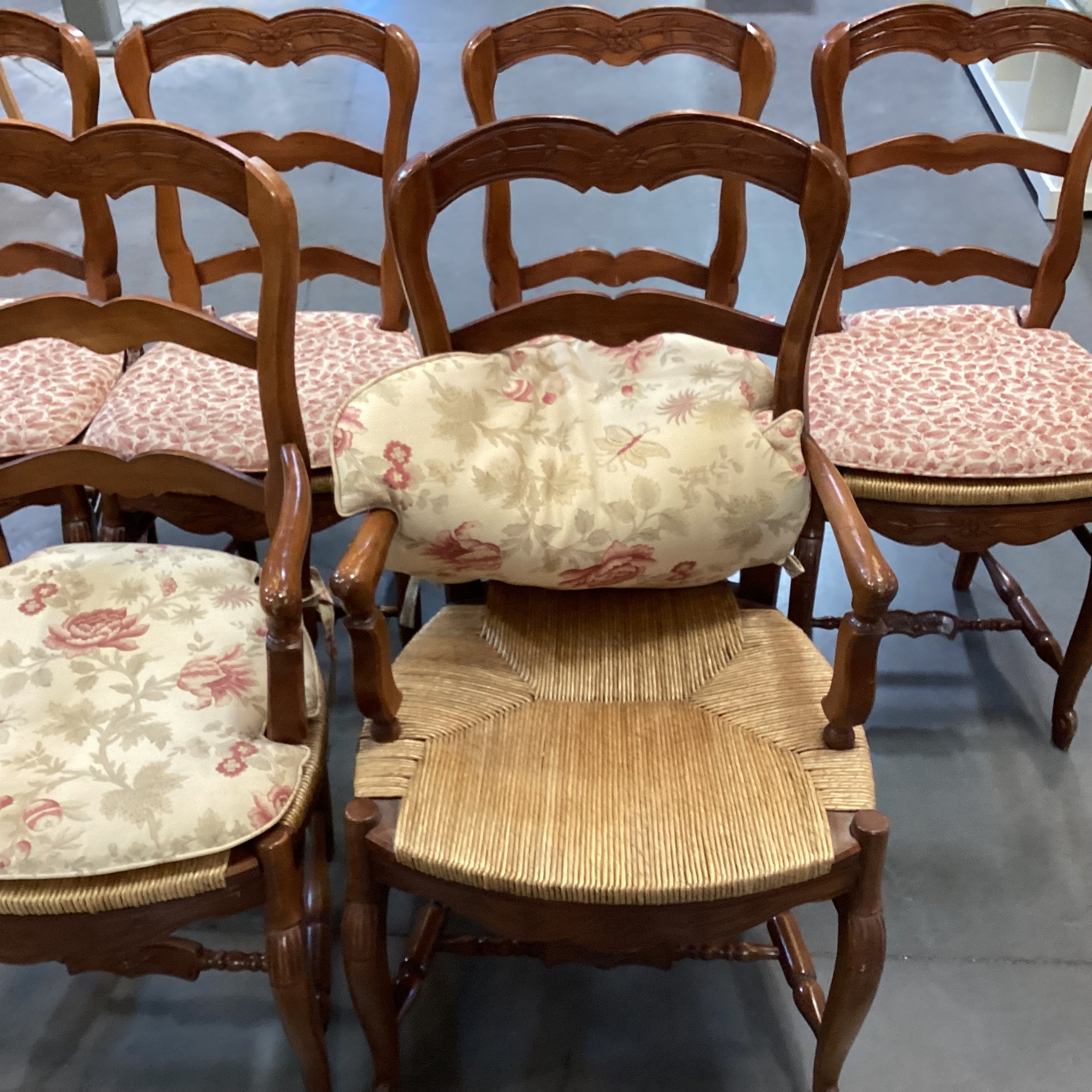 Set of 6 Carved Wood with Rush Seat & Floral Seat Cushion Dining Chairs 21"x 21"x 38"