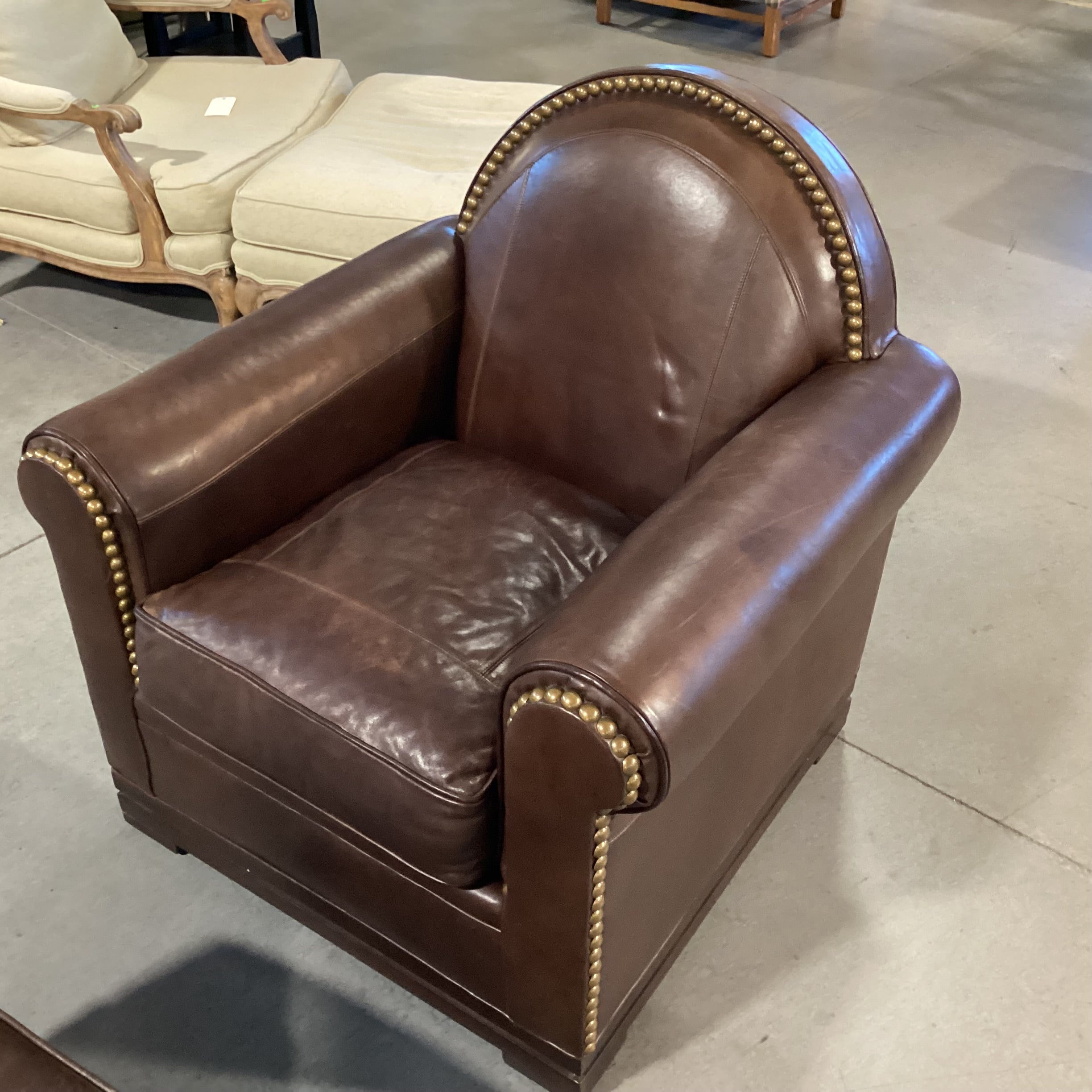 Mulholland Brothers Home Collection by Eric Brand Art Deco Style Leather Nailhead with Ottoman Club Chair 36"x 35"x 37.5"