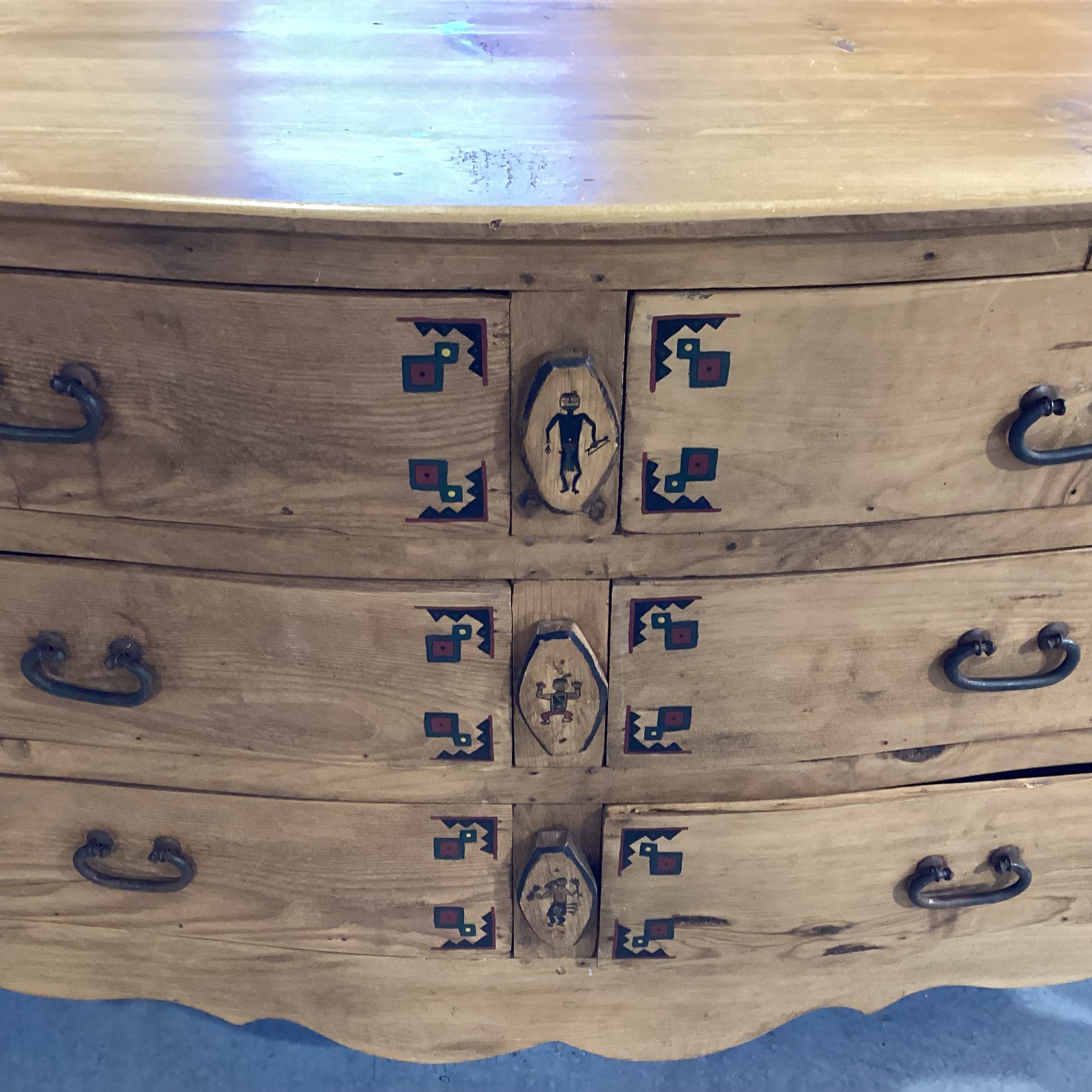 Custom Southwest Hand Painted Solid Natural Carved Wood 6 Drawer Dresser 57.5"x 23"x 35.5"