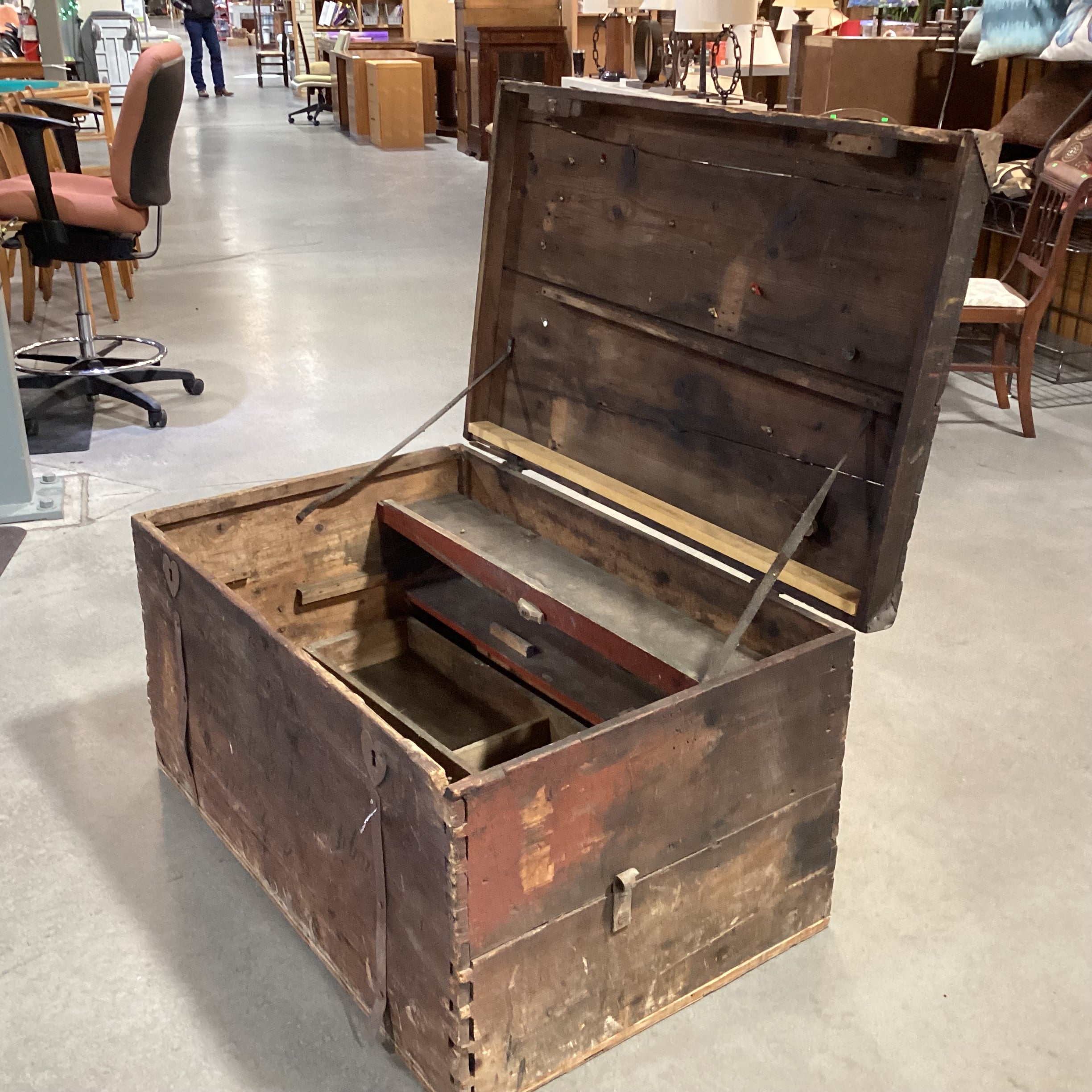 Antique Wood With Iron Bands & Heart Keyhole Trunk 42"x 28"x 23"