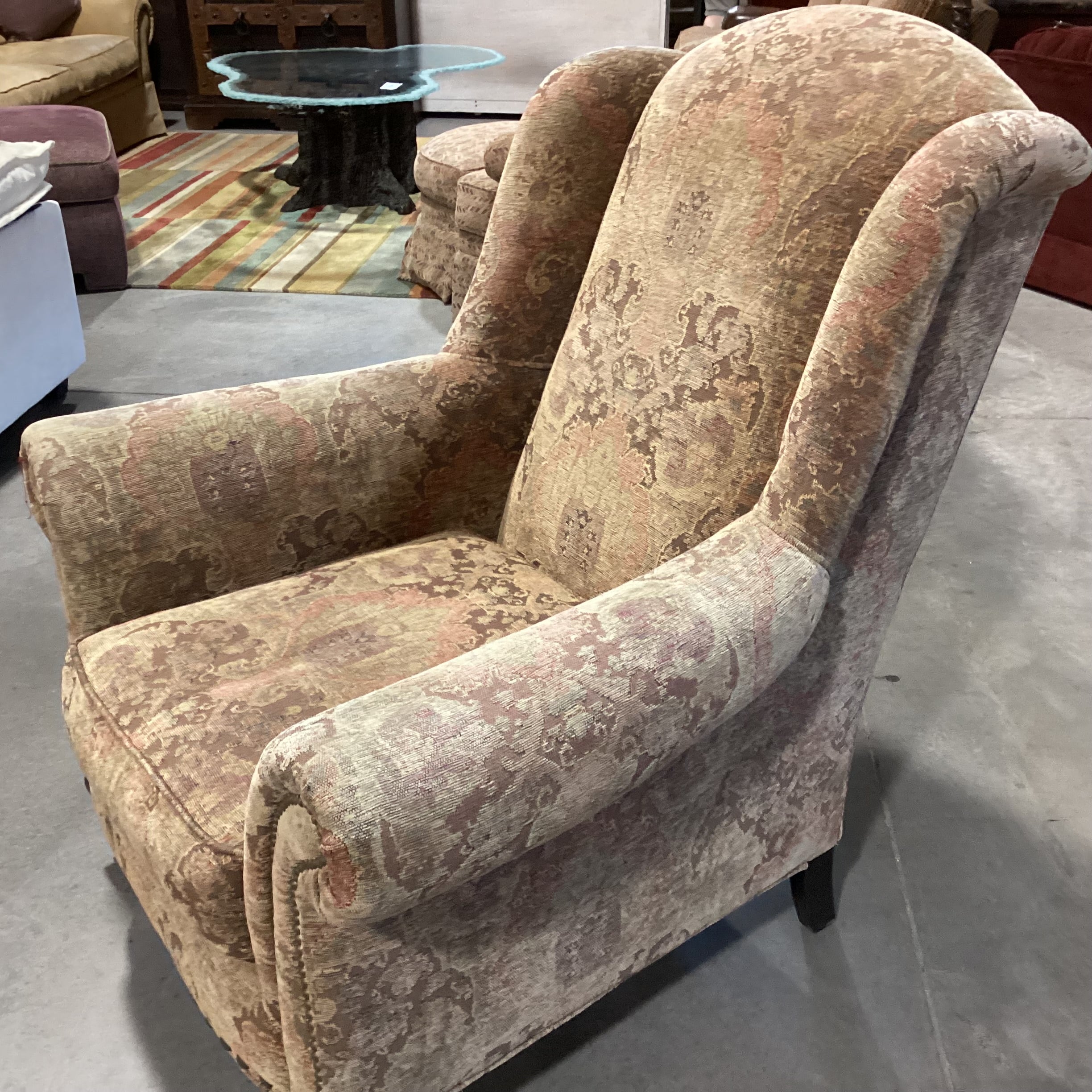 Arhaus Brown & Sage Chenille Woven with Nailhead Wing Chair 38"x 38"x 44"