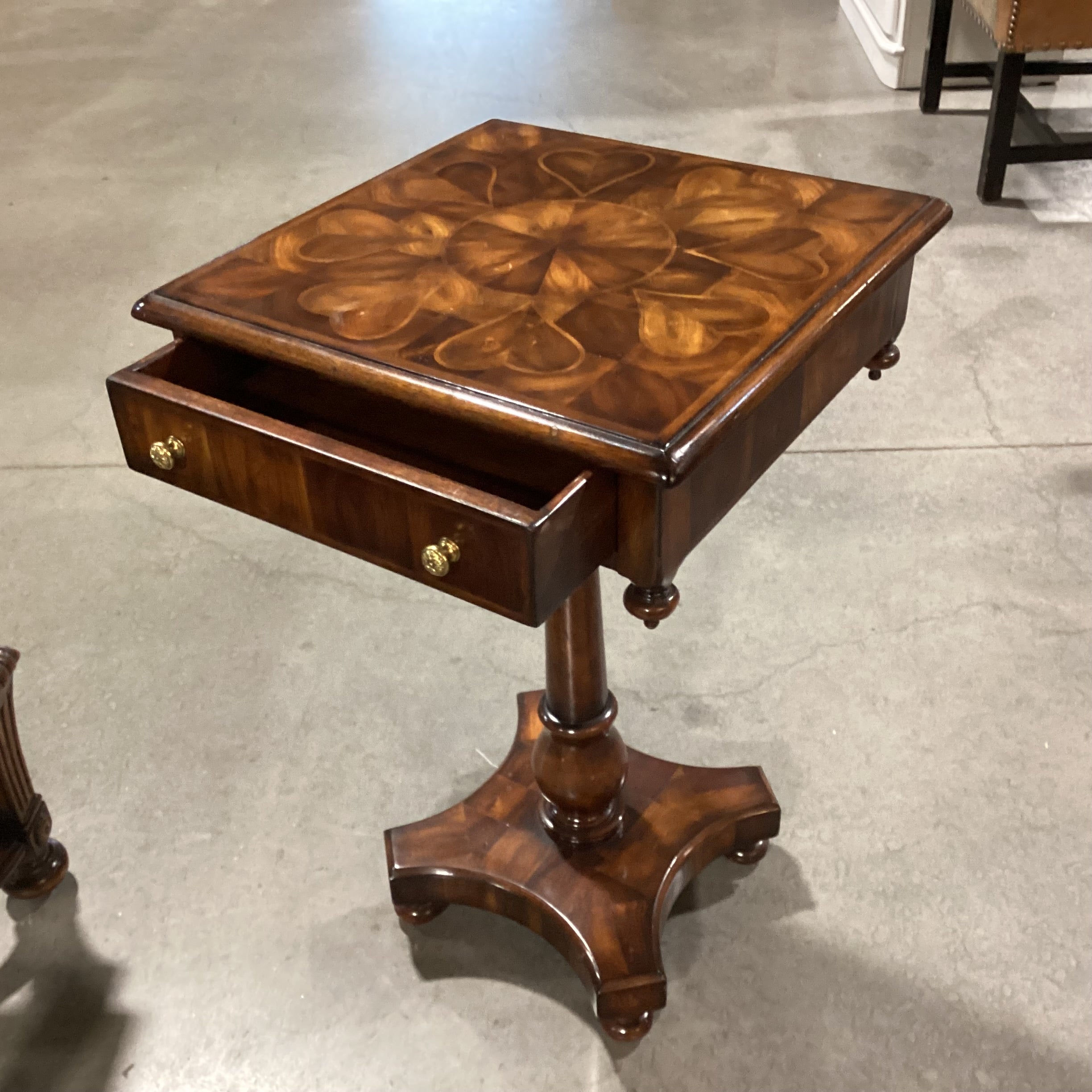 Set of 3 Theodore Alexander Carved Wood Inlay Heart Table & 2 Stool Ottomans Accent Table Set