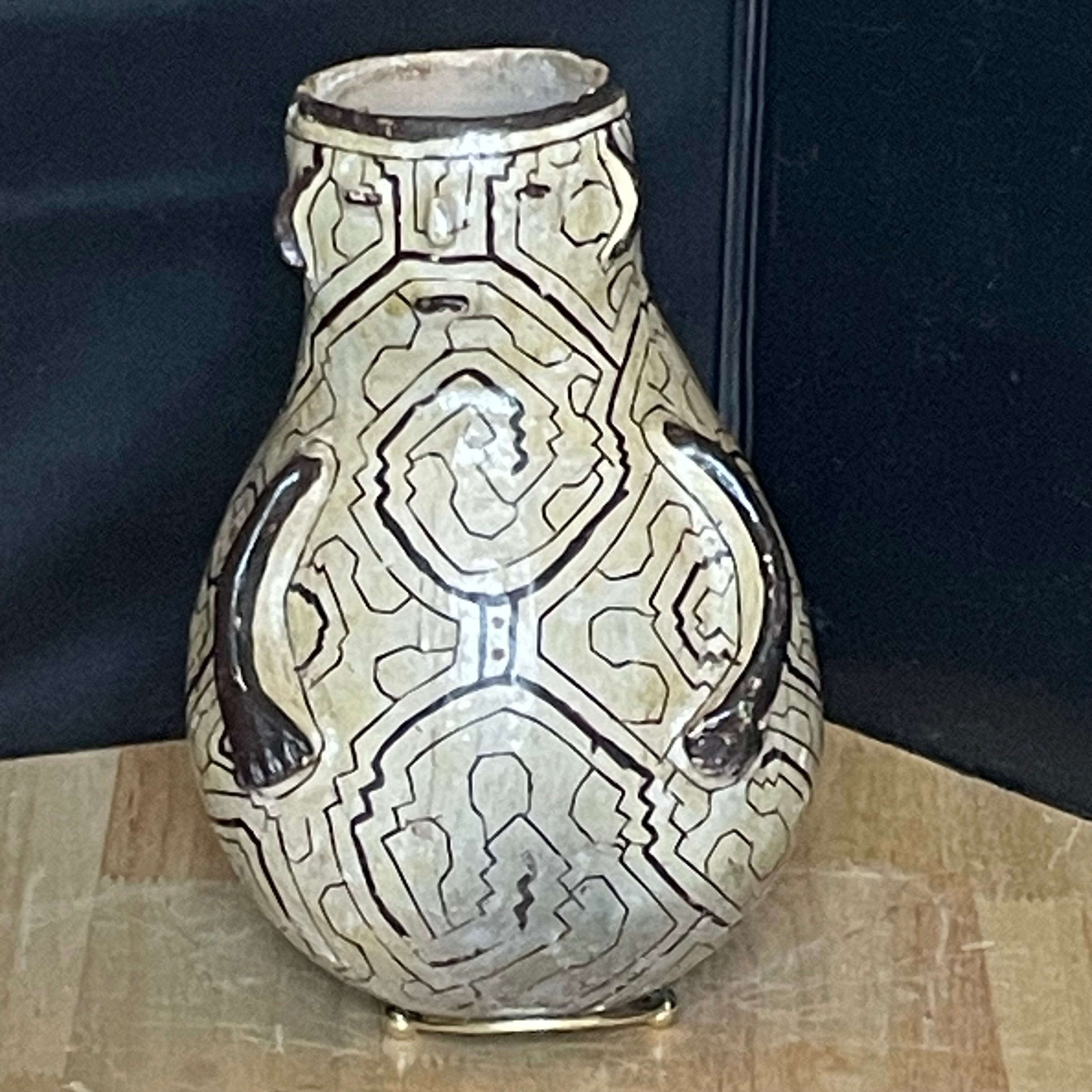 Antique Peruvian Shipibo Conibo Anthropomorphic Geometric Kene Pattern Pottery Vessel, 5.5"x 9"