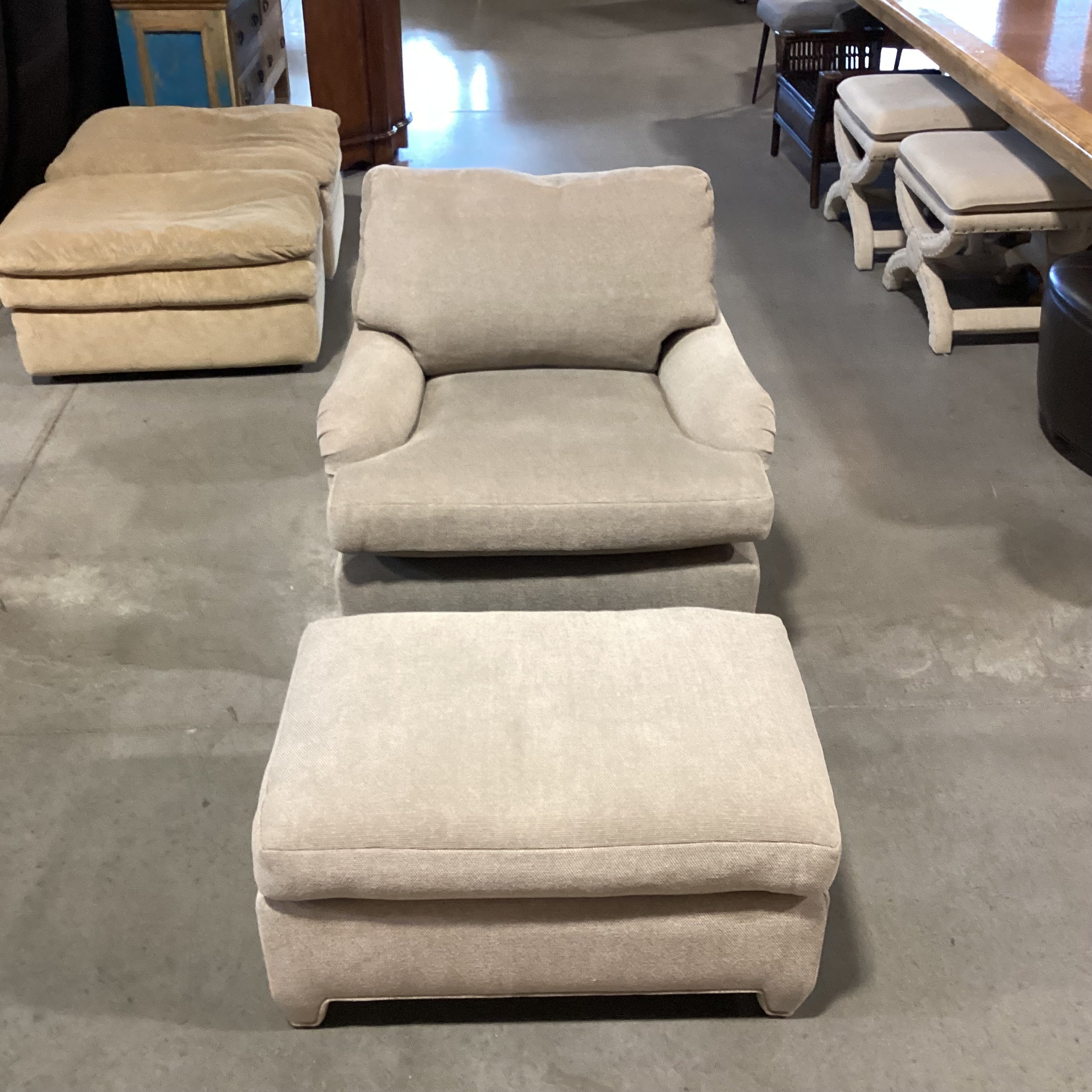 Custom Taupe Beige Grey Woven Down with Ottoman Chair 36"x 40"x 30"