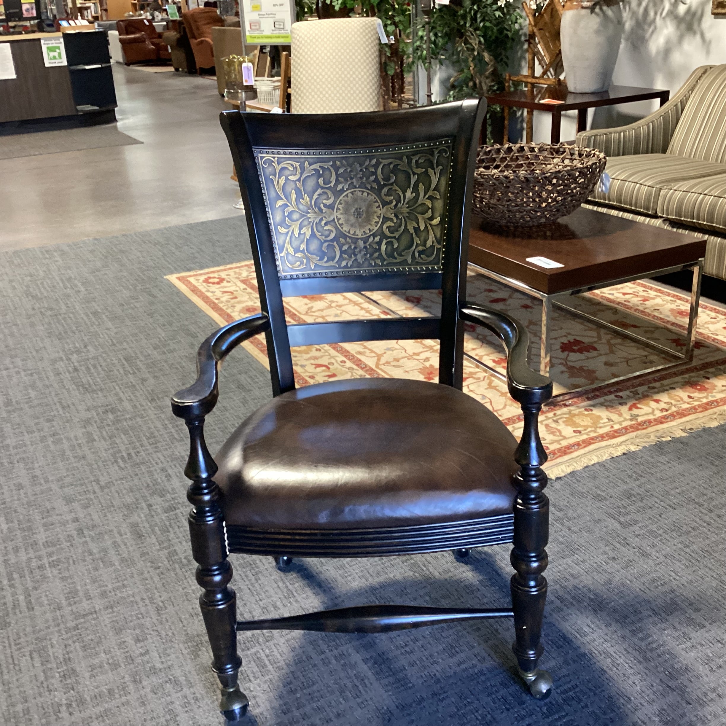 Black Distressed Wood Leather Seat & Ornate Metal Back Detail Frisco Castered Chair 24"x 23"x 40"