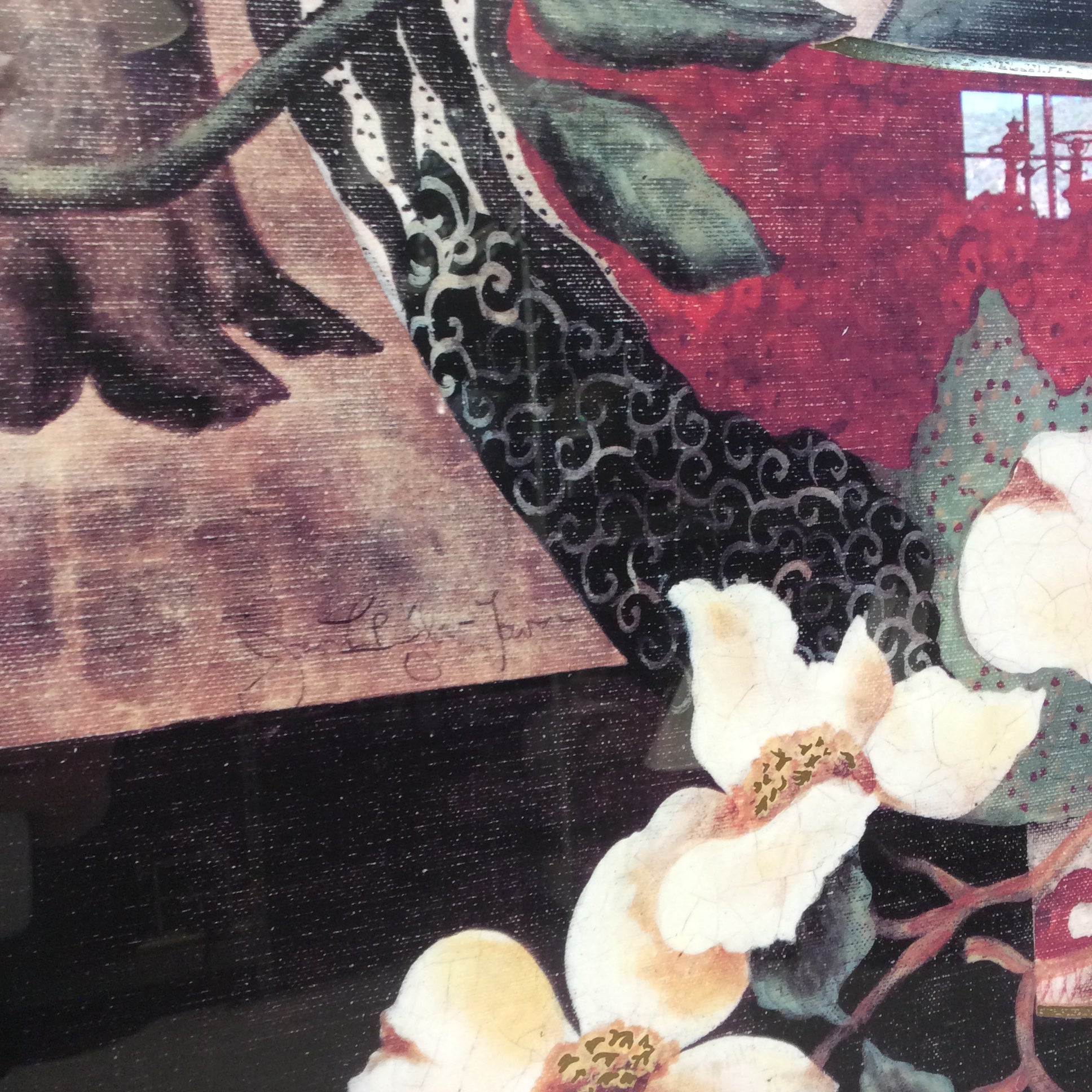 Japanese Floral Arrangement Print In Gold Plexiglass Frame 57" x 42"