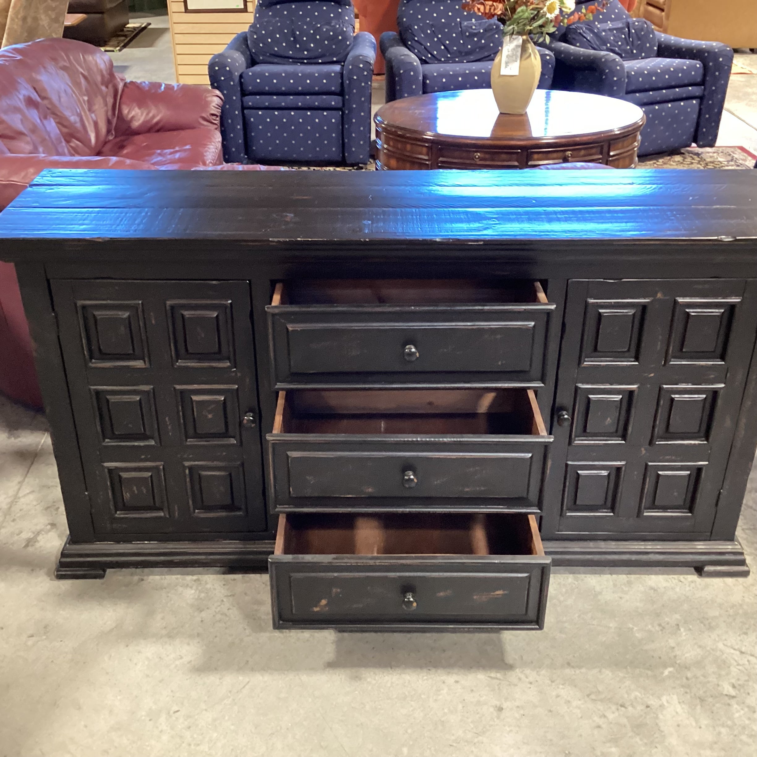 Black Distressed Wood 2 Door 3 Drawer Console Credenza 69"x 18.5"x 36"